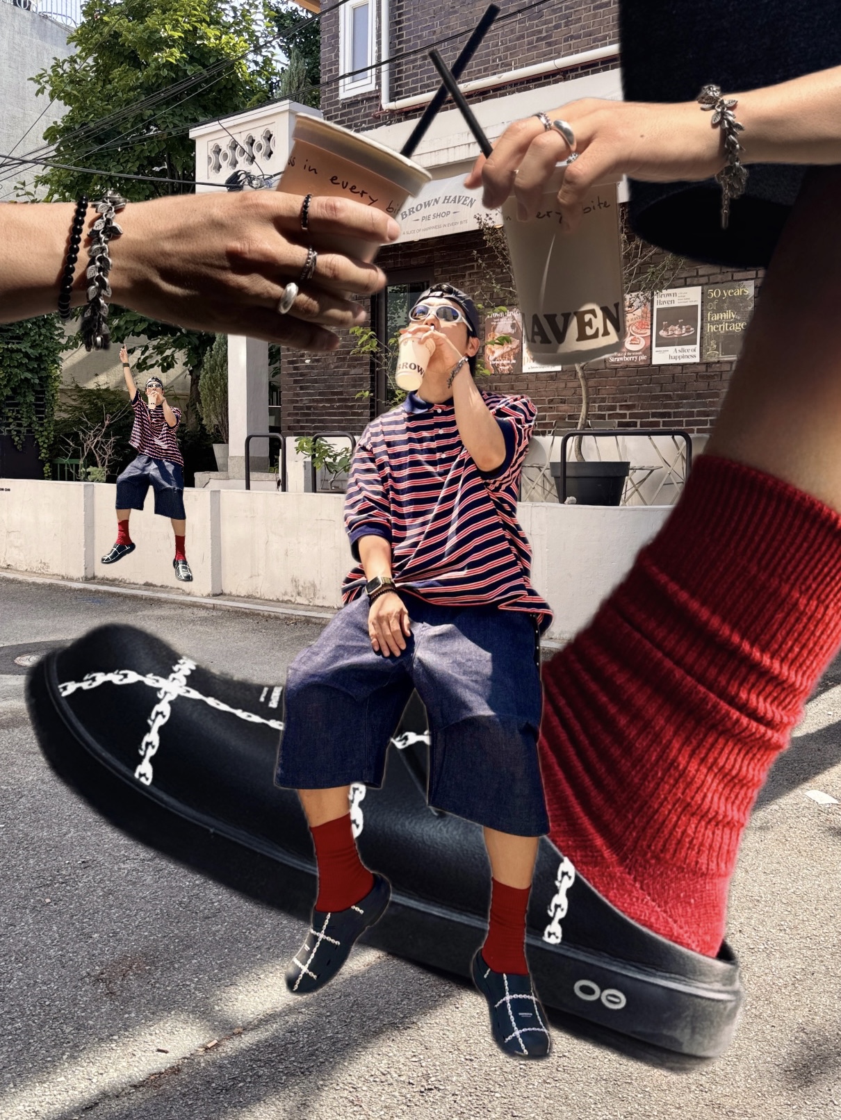 Oofos x Undercover Clog Black, Hono Report Leaf Bracelet 착용 스타일 - 1