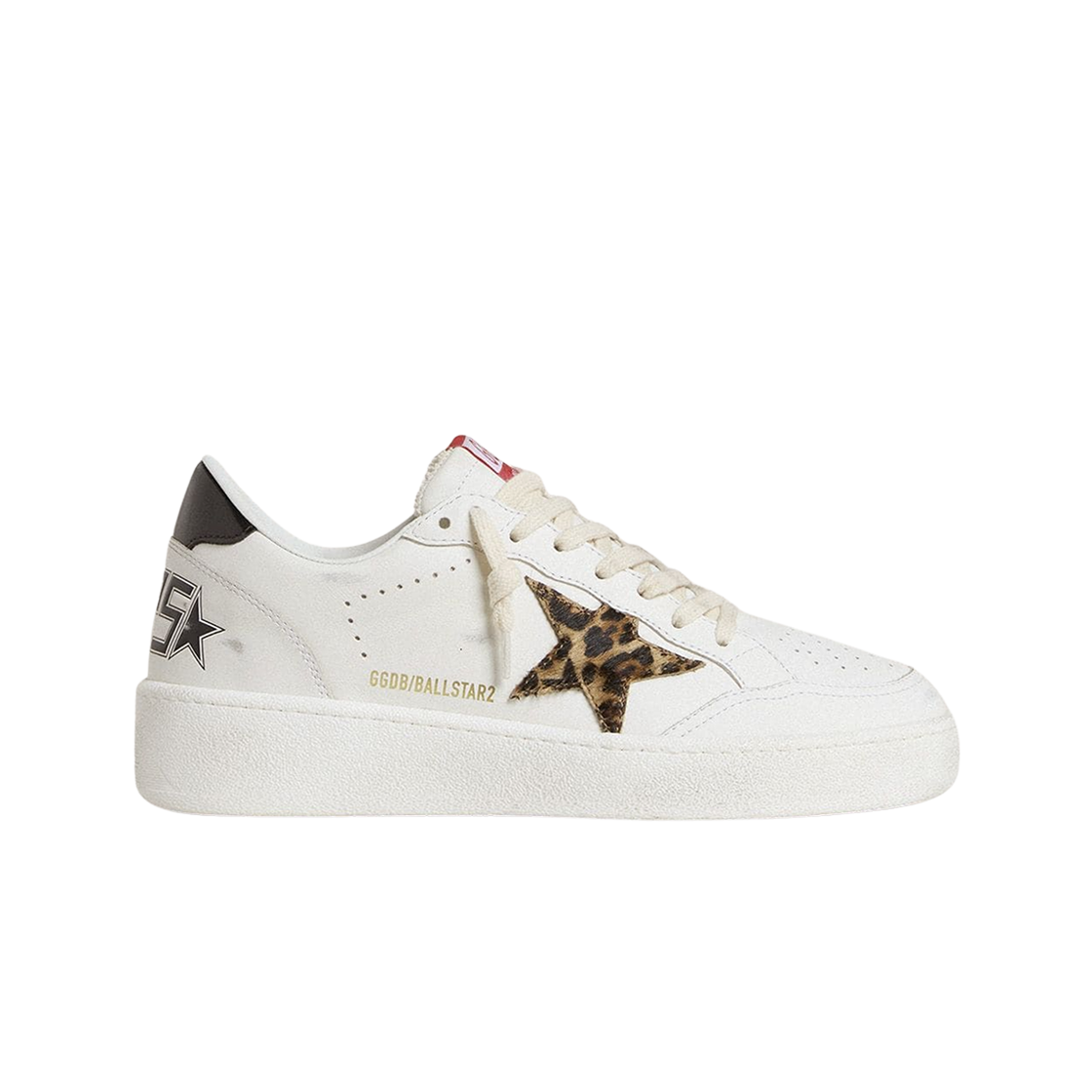 GWF00804-F007323-10889 (W) Golden Goose Ball Star Leopard Pony Skin Star Black Laminated Leather Heel Tab Sneakers White