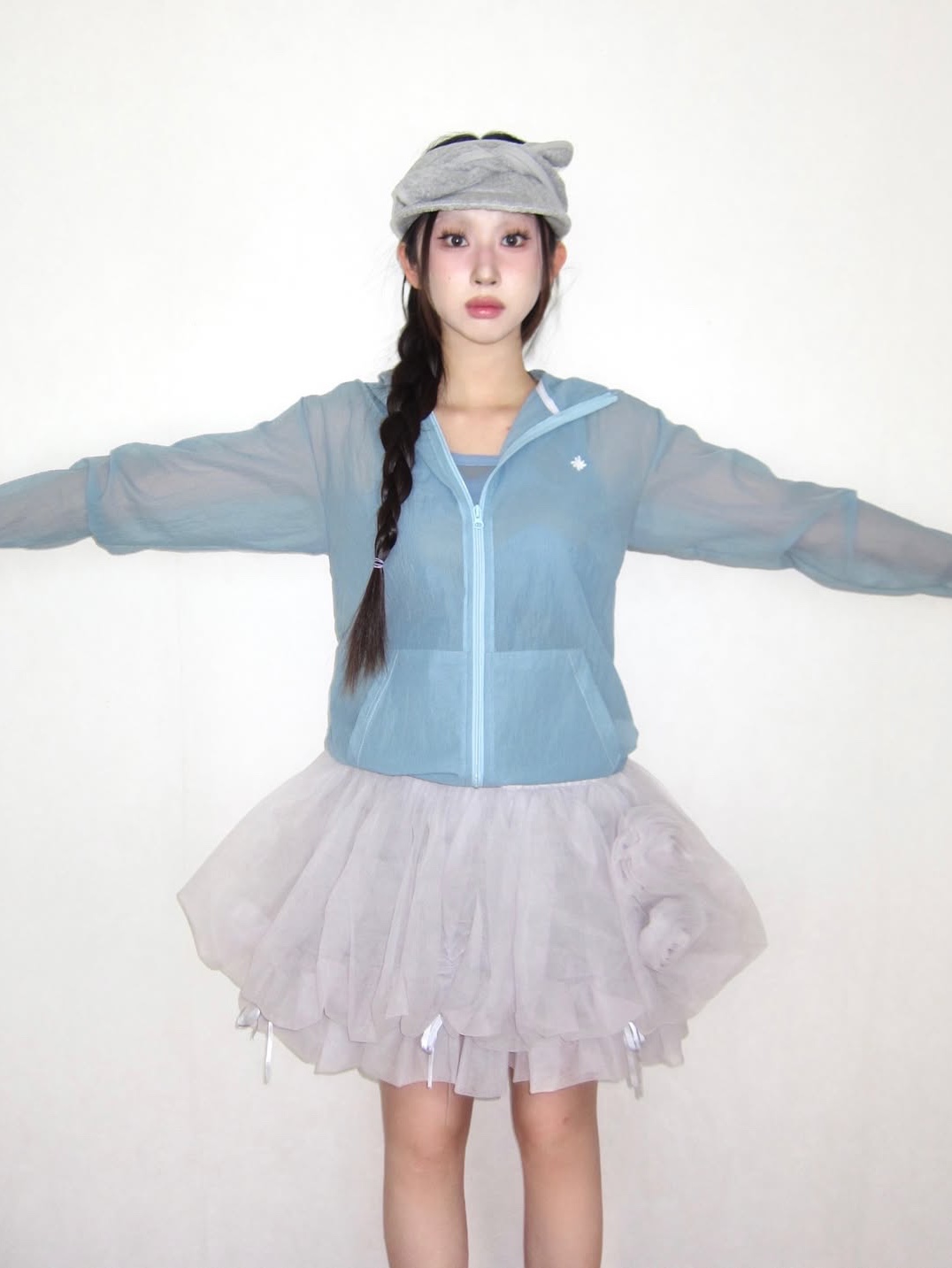 SLOW RECORD HOUSE Unisex Mesh Lightweight Jacket Skyblue 착용 스타일 - 2
