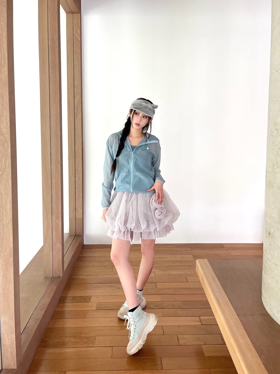 SLOW RECORD HOUSE Unisex Mesh Lightweight Jacket Skyblue 착용 스타일 - 5