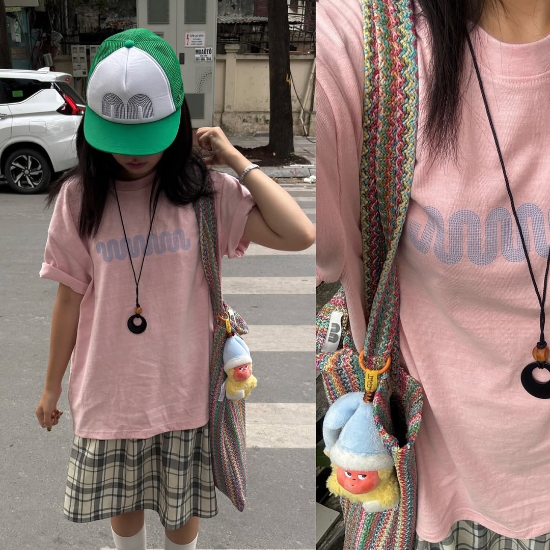 Not New Basic nn Mesh Cap Green, Not New Wave Logo T-Shirt Pink 착용 스타일 - 1