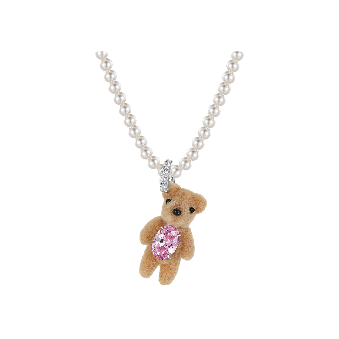 위민 미니 플록 베어 펄 네클리스 핑크 - 24FW(Yvmin Mini Flocked Bear Pearl Necklace Pink - 24FW) - 1