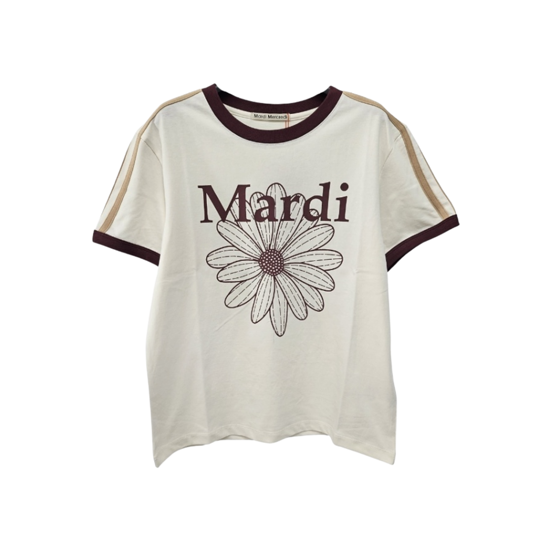 (W) 마르디 메크르디 플라워마르디 링거 티셔츠 크림 버건디((W) Mardi Mercredi Flowermardi Linger T-Shirt Cream Burgundy)