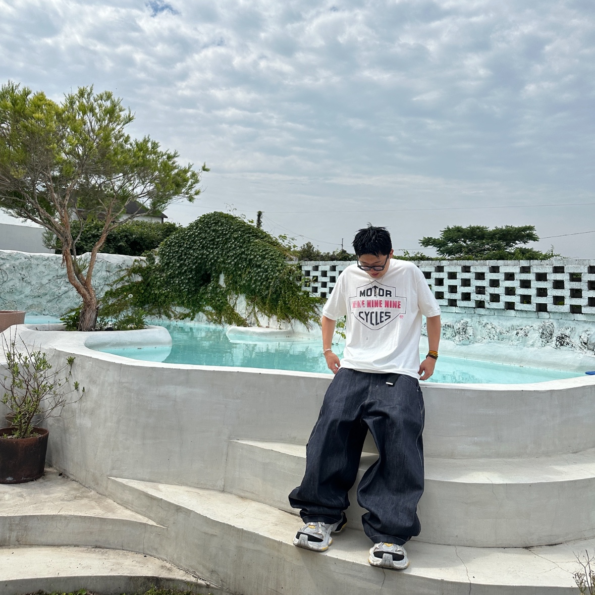 Project G/R Retro Baggy Denim Pants Dark Navy 착용 스타일 - 2