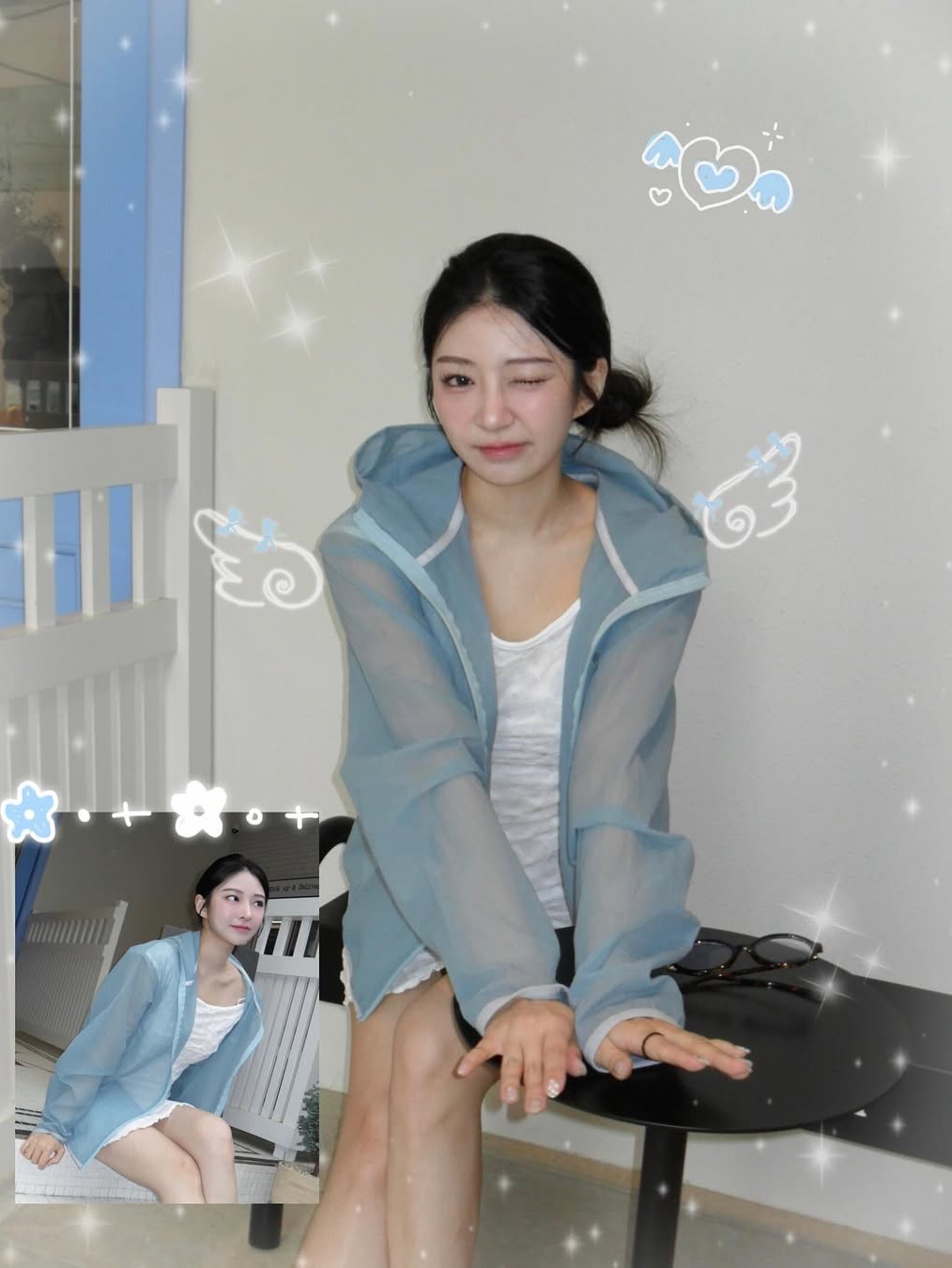SLOW RECORD HOUSE Unisex Mesh Lightweight Jacket Skyblue 착용 스타일 - 1