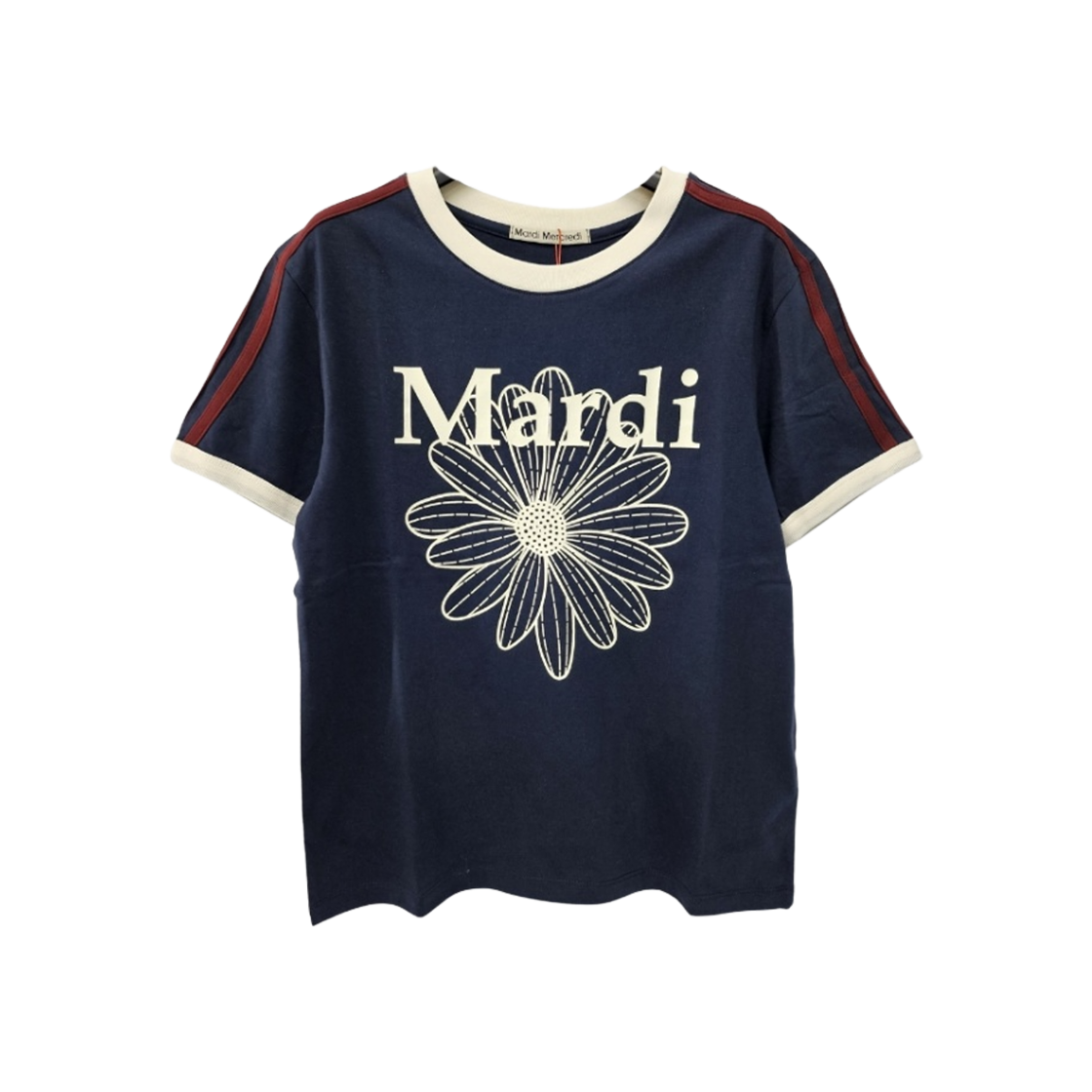 (W) 마르디 메크르디 플라워마르디 슬림 링거 티셔츠 네이비 아이보리((W) Mardi Mercredi Flowermardi Slim Linger T-Shirt Navy Ivory)