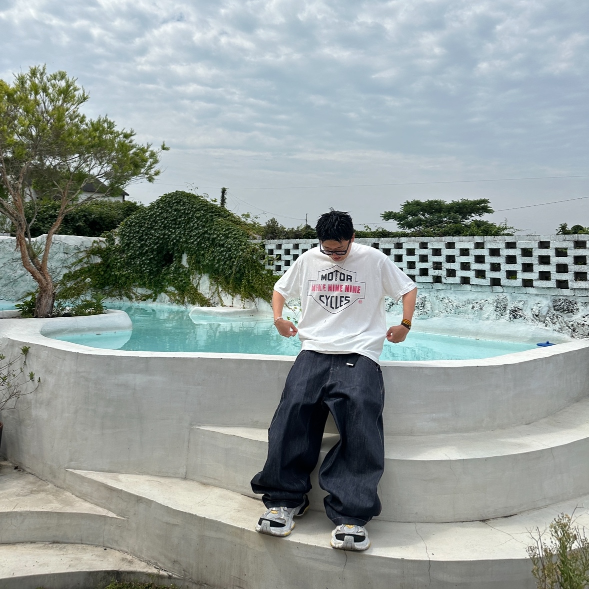Project G/R Retro Baggy Denim Pants Dark Navy 착용 스타일 - 1