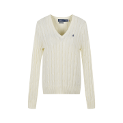 Polo Ralph Lauren Women Cable Knit Cotton V-Neck Sweater Cream
