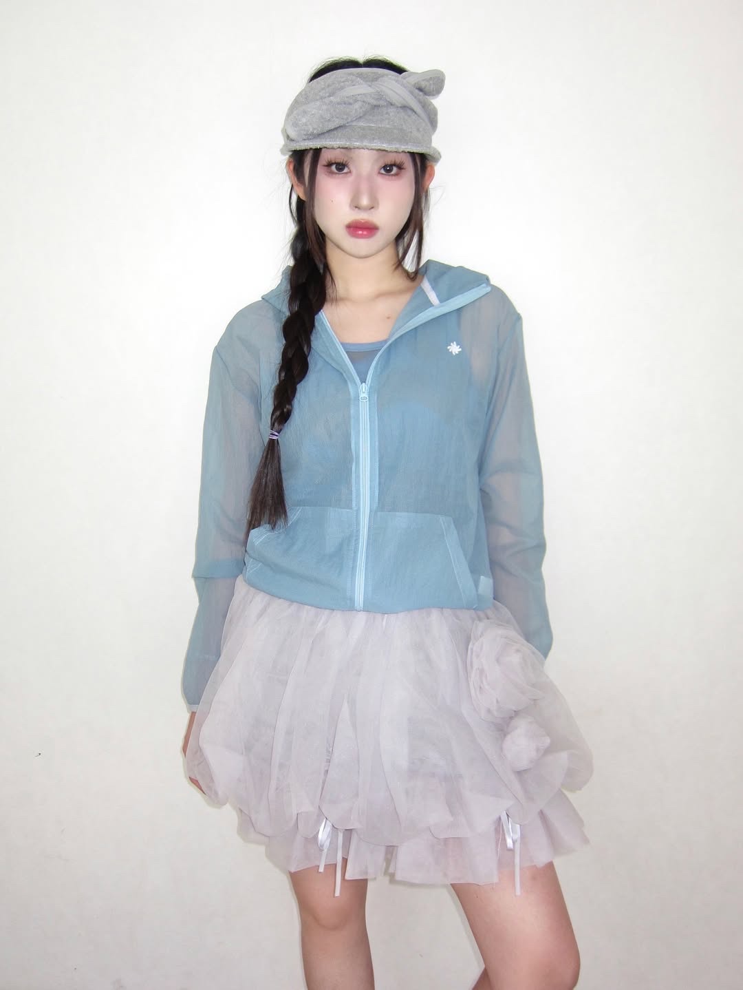 SLOW RECORD HOUSE Unisex Mesh Lightweight Jacket Skyblue 착용 스타일 - 1