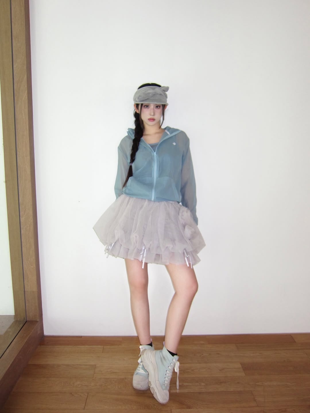 SLOW RECORD HOUSE Unisex Mesh Lightweight Jacket Skyblue 착용 스타일 - 4