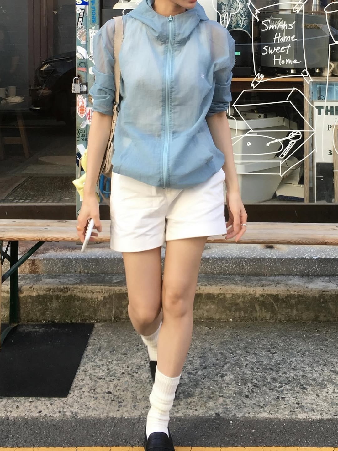 SLOW RECORD HOUSE Unisex Mesh Lightweight Jacket Skyblue 착용 스타일 - 10