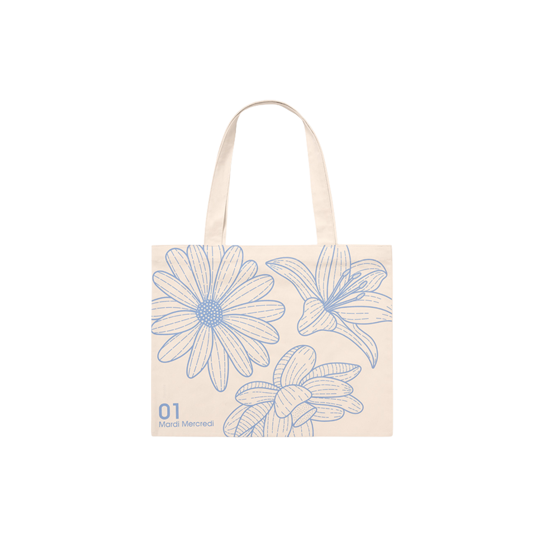 마르디 메크르디 트리플 플라워 캔버스 백 크림 블루(Mardi Mercredi Triple Flower Canvas Bag Cream Blue)