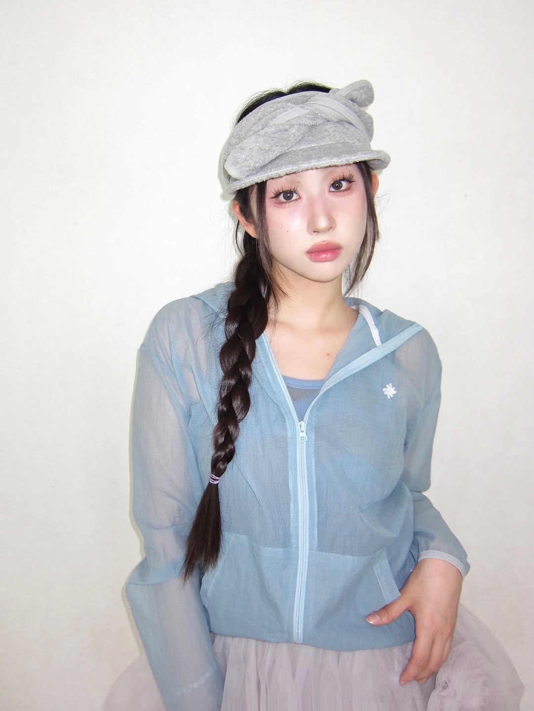 SLOW RECORD HOUSE Unisex Mesh Lightweight Jacket Skyblue 착용 스타일 - 3