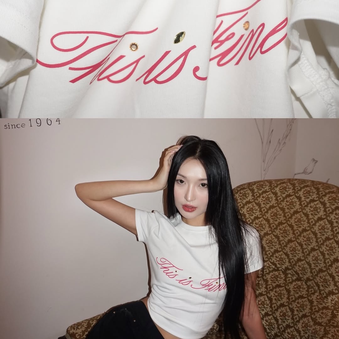 THIS IS FINE Cropped Signature Tee White 착용 스타일 - 1