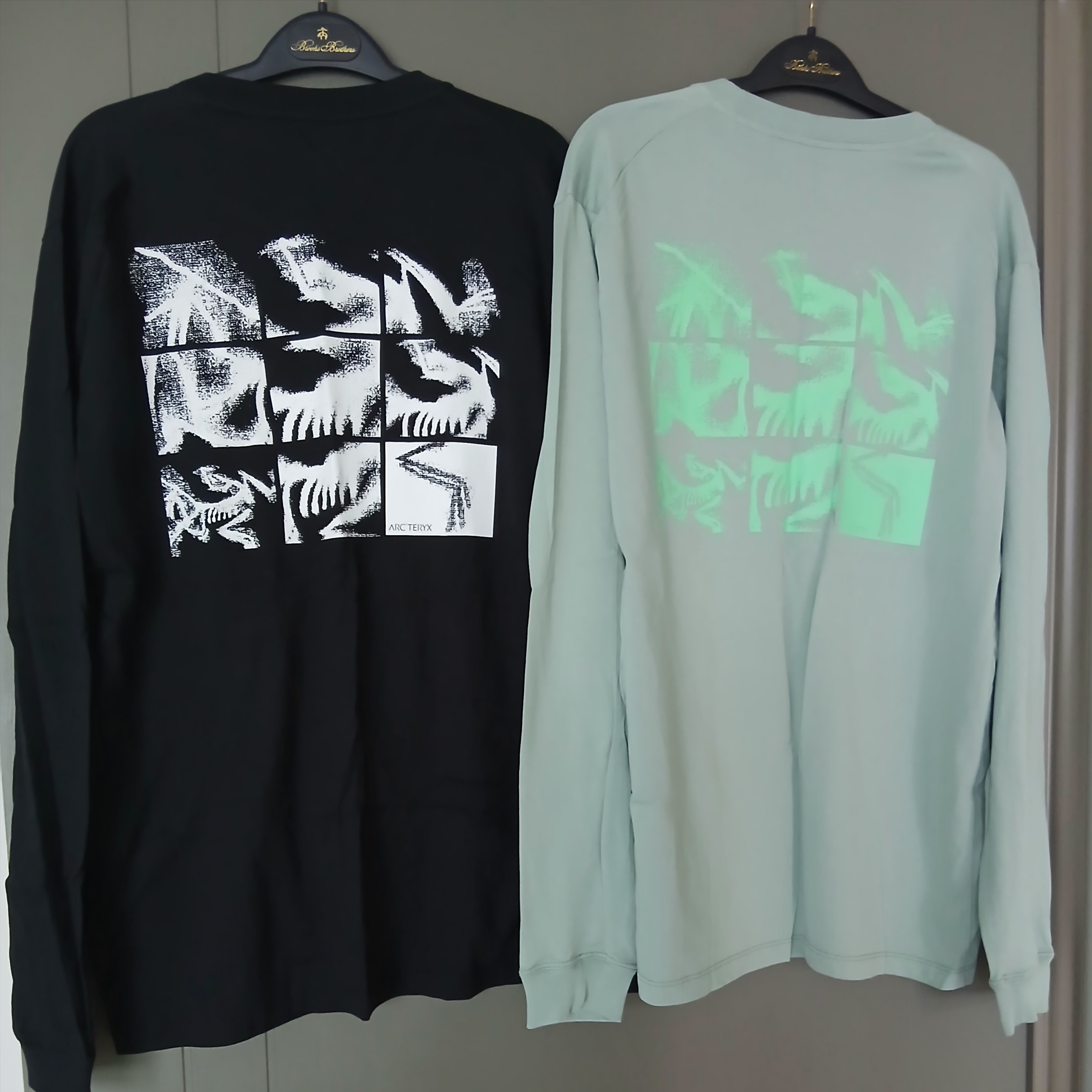 Arc'teryx Kragg SL Cotton Bird Tile LS Shirt Stone Green Phosphorescent, Arc'teryx Kragg SL Cotton Bird Tile LS Shirt Black Arctic Silk 착용 스타일 - 1