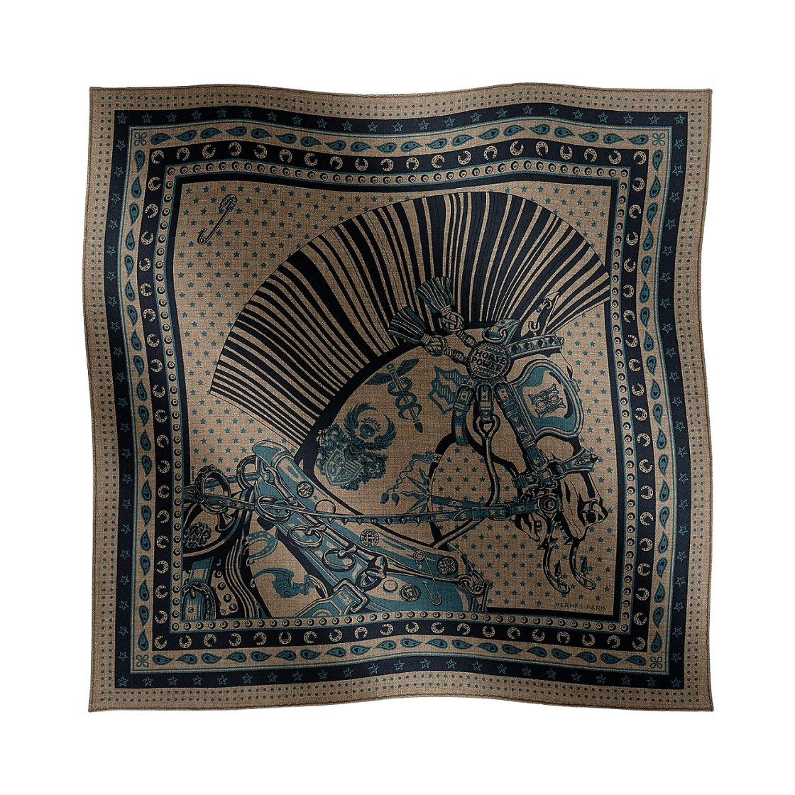 에르메스 슈발 펑크 반다나 스카프 65 에뚜쁘 마린 블루 에메랄드(Hermes Cheval Punk Bandana Scarf 65 Etoupe Marine Bleu Emeraude)