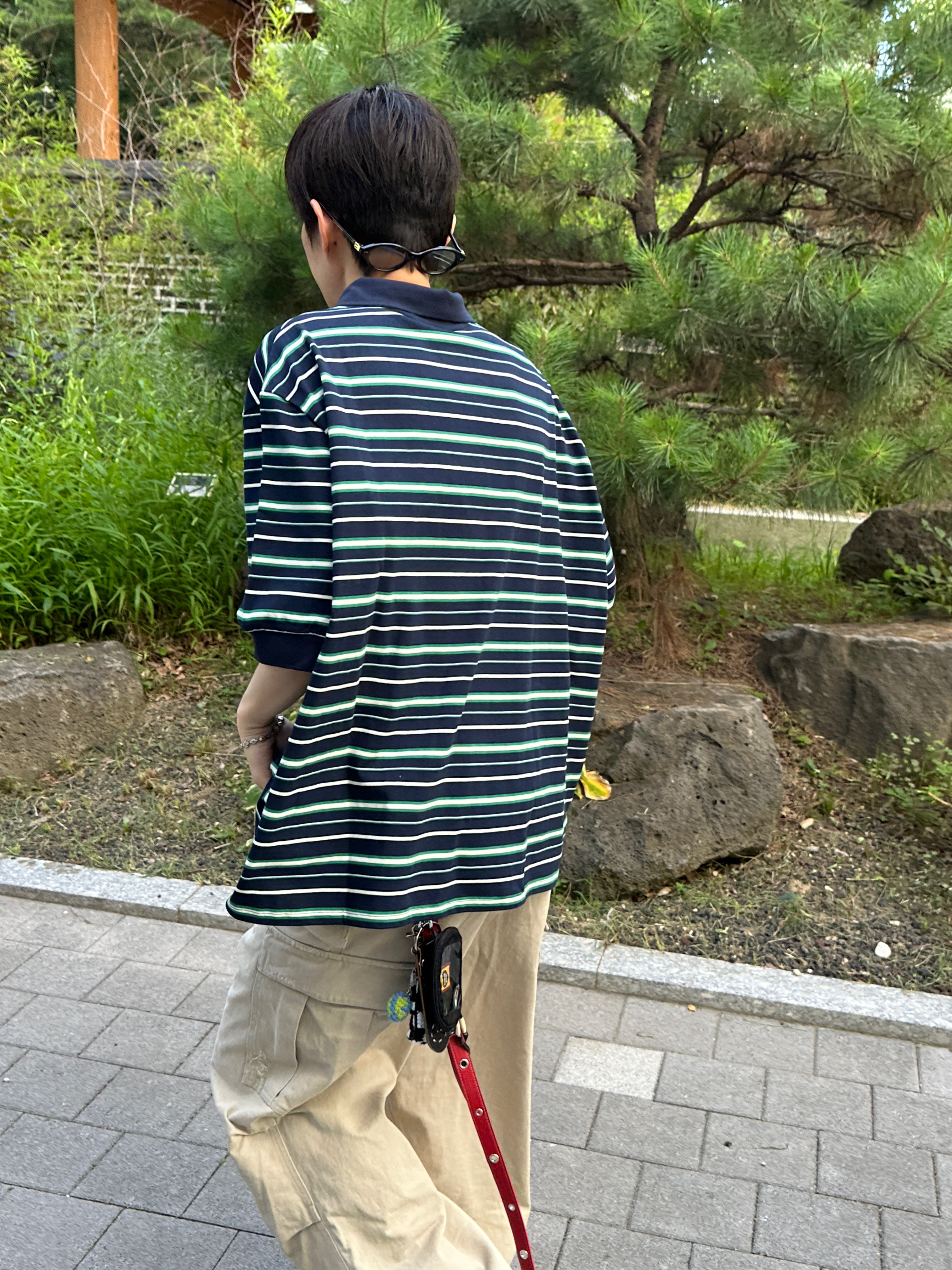 MJD Oversized Stripe Polo Green 착용 스타일 - 4