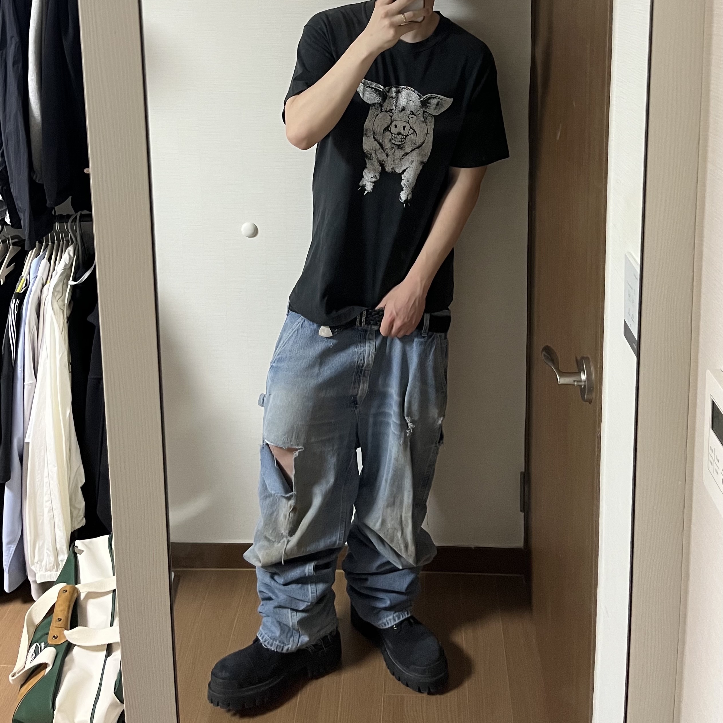 [더블적립]Farfromwhat Far Weaving Belt Black, Balenciaga Combat Strike 20mm Boots Black 착용 스타일 - 1