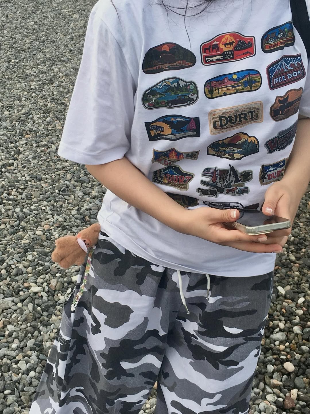 SLOW RECORD HOUSE Carpenter Bermuda Wide Camo Pants White 착용 스타일 - 7