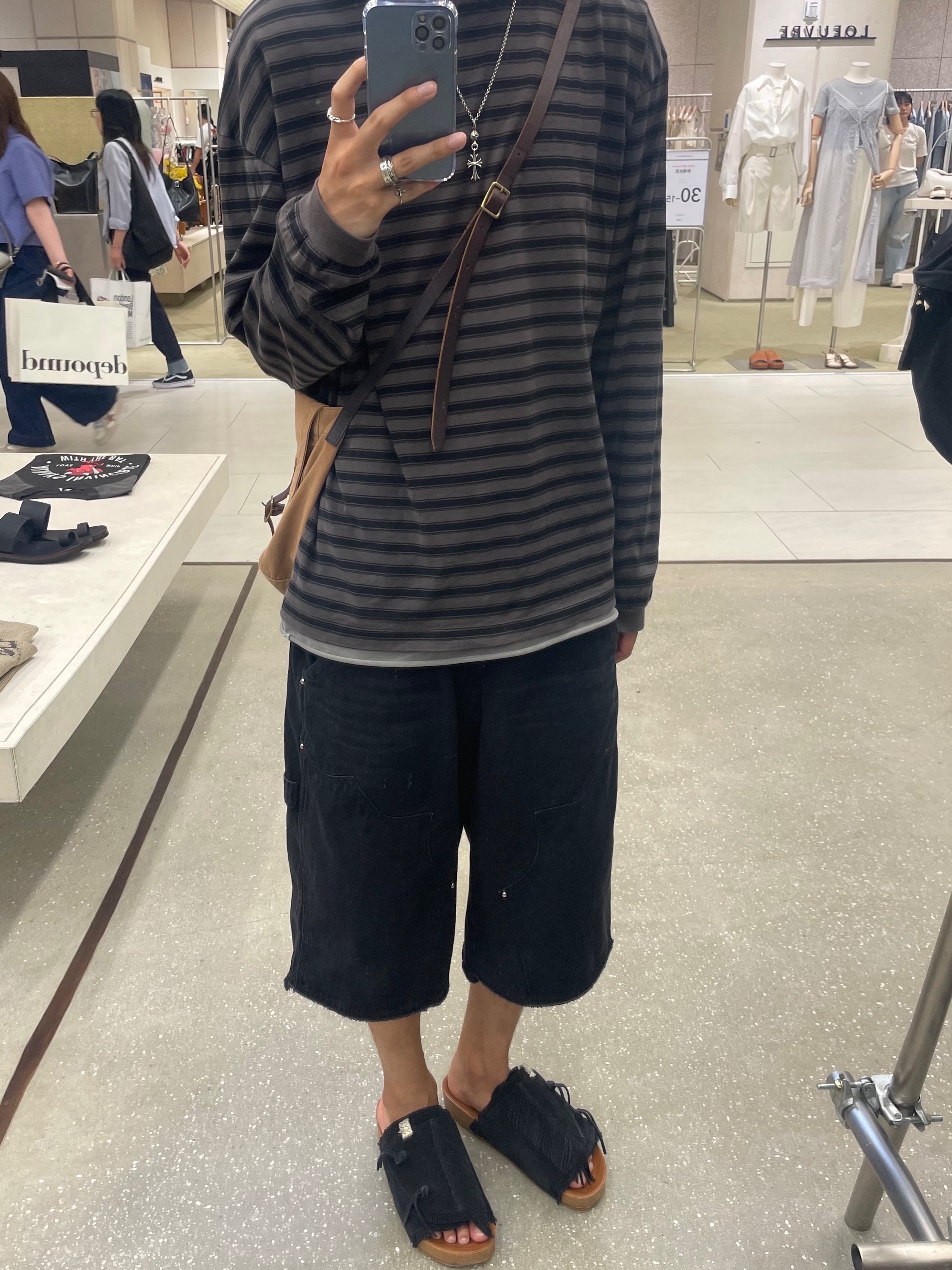 Visvim Christo Shaman Folk Black - 24SS, Polyteru Striped Long Sleeve Charcoal 착용 스타일
