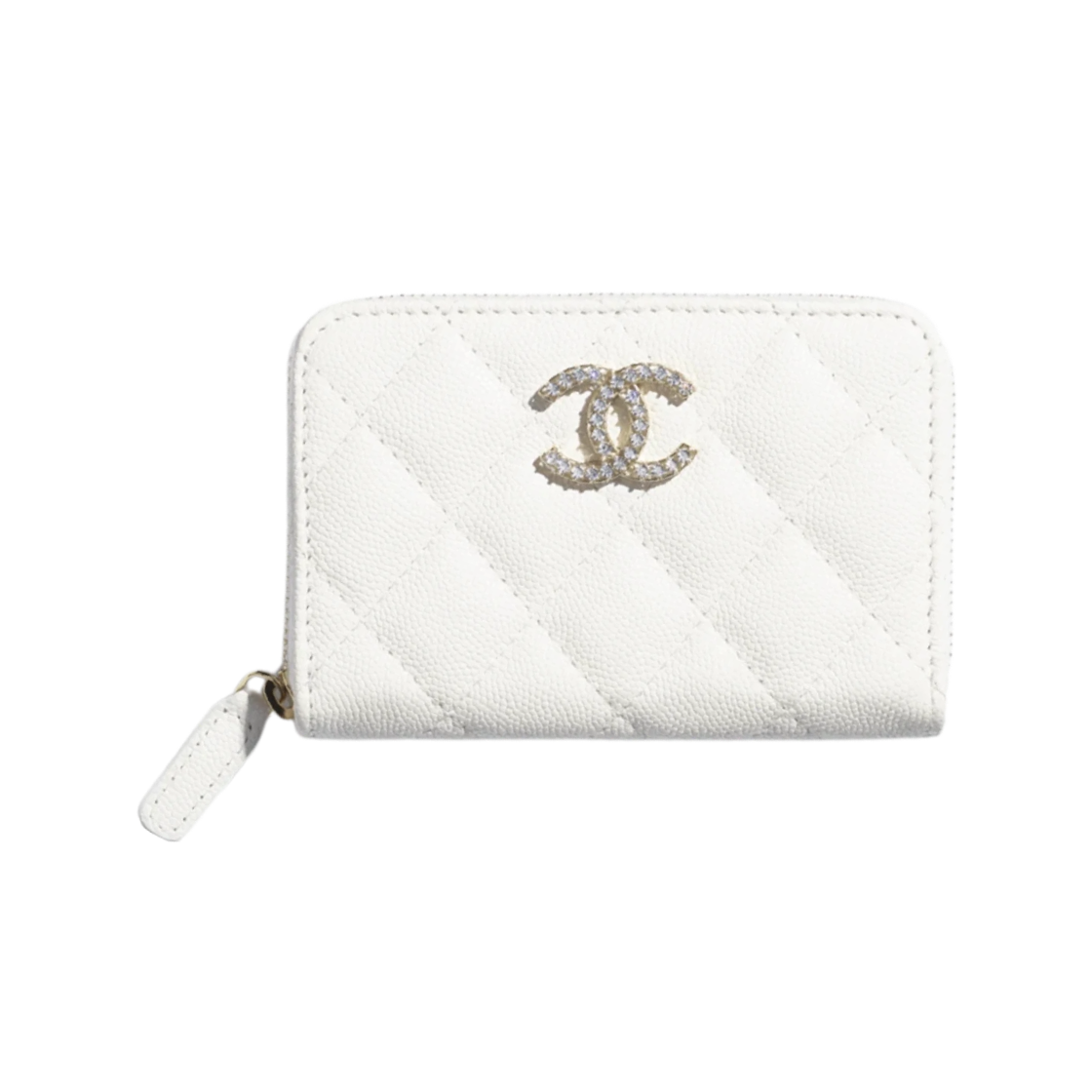 샤넬 지퍼 코인 퍼스 샤이니 그레인드 카프스킨 스트라스 골드 메탈 & 화이트