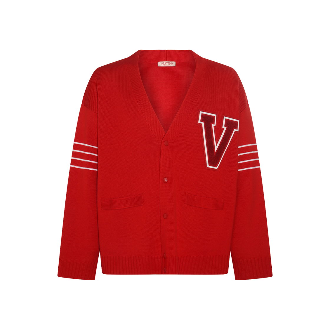 발렌티노 맥시 V 로고 패치 가디건 레드(Valentino Maxi V Logo Patch Cardigan Red)