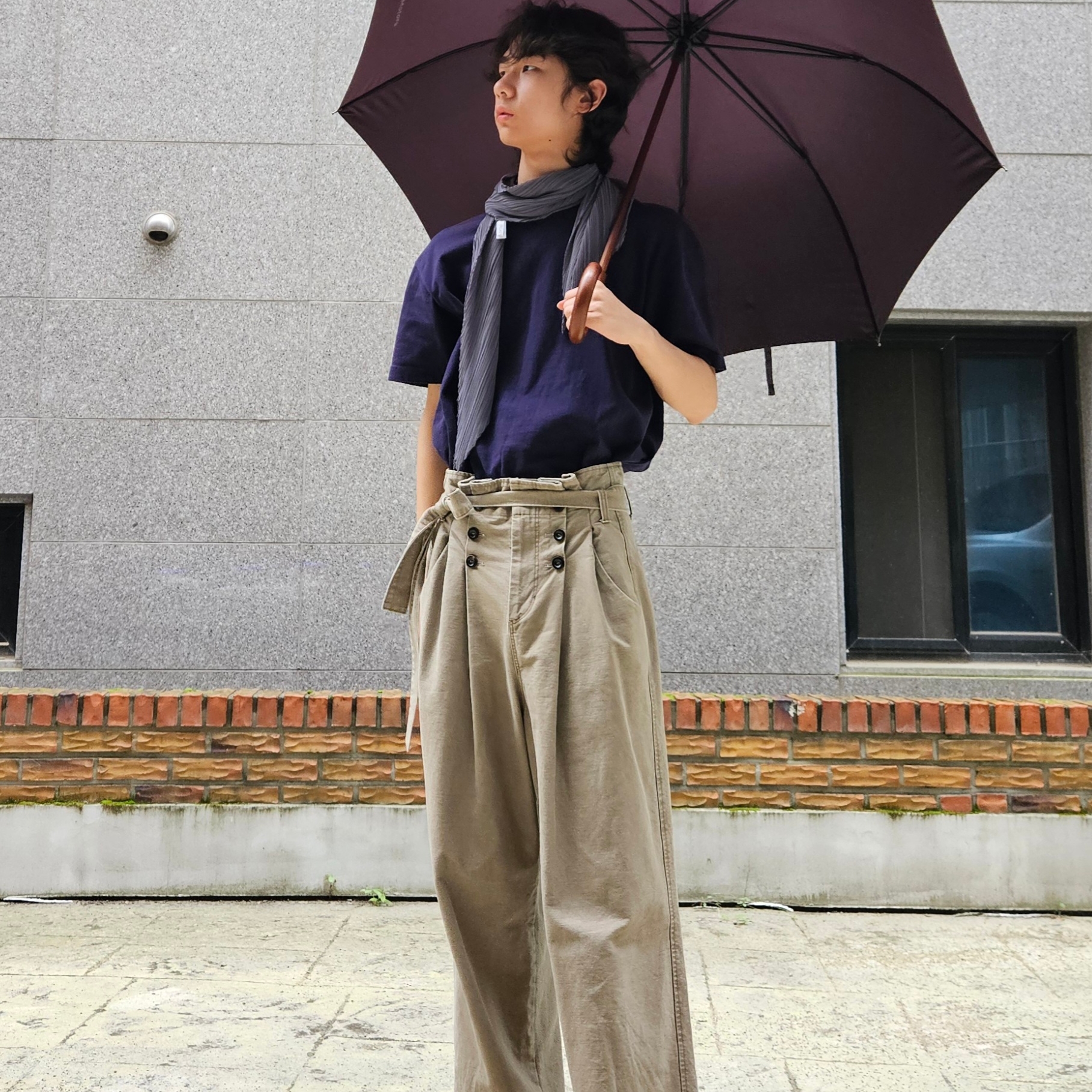 (W) Pleats Please Issey Miyake Basic Scarf Gray 착용 스타일 - 4