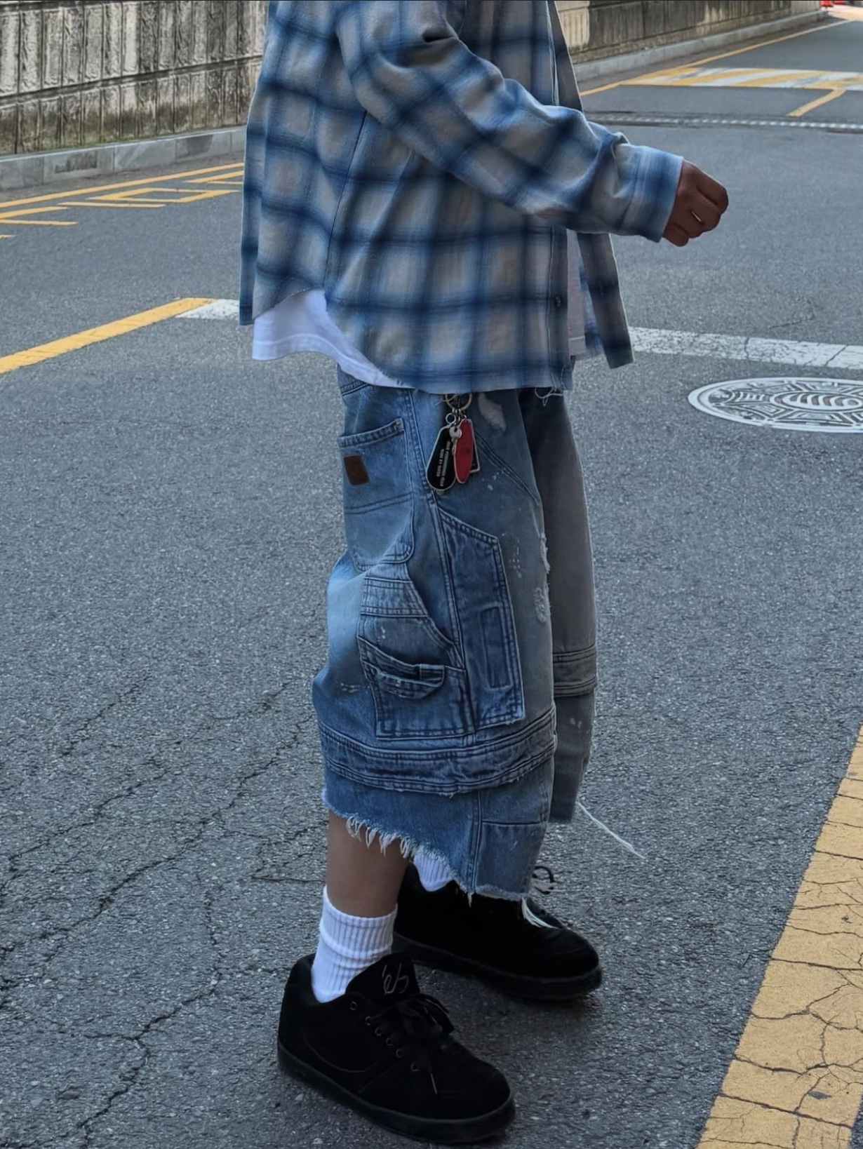 Farfromwhat Far Flannel Shirts Light Blue, Farfromwhat Far Layered Work Shorts Pants Blue 착용 스타일 - 2