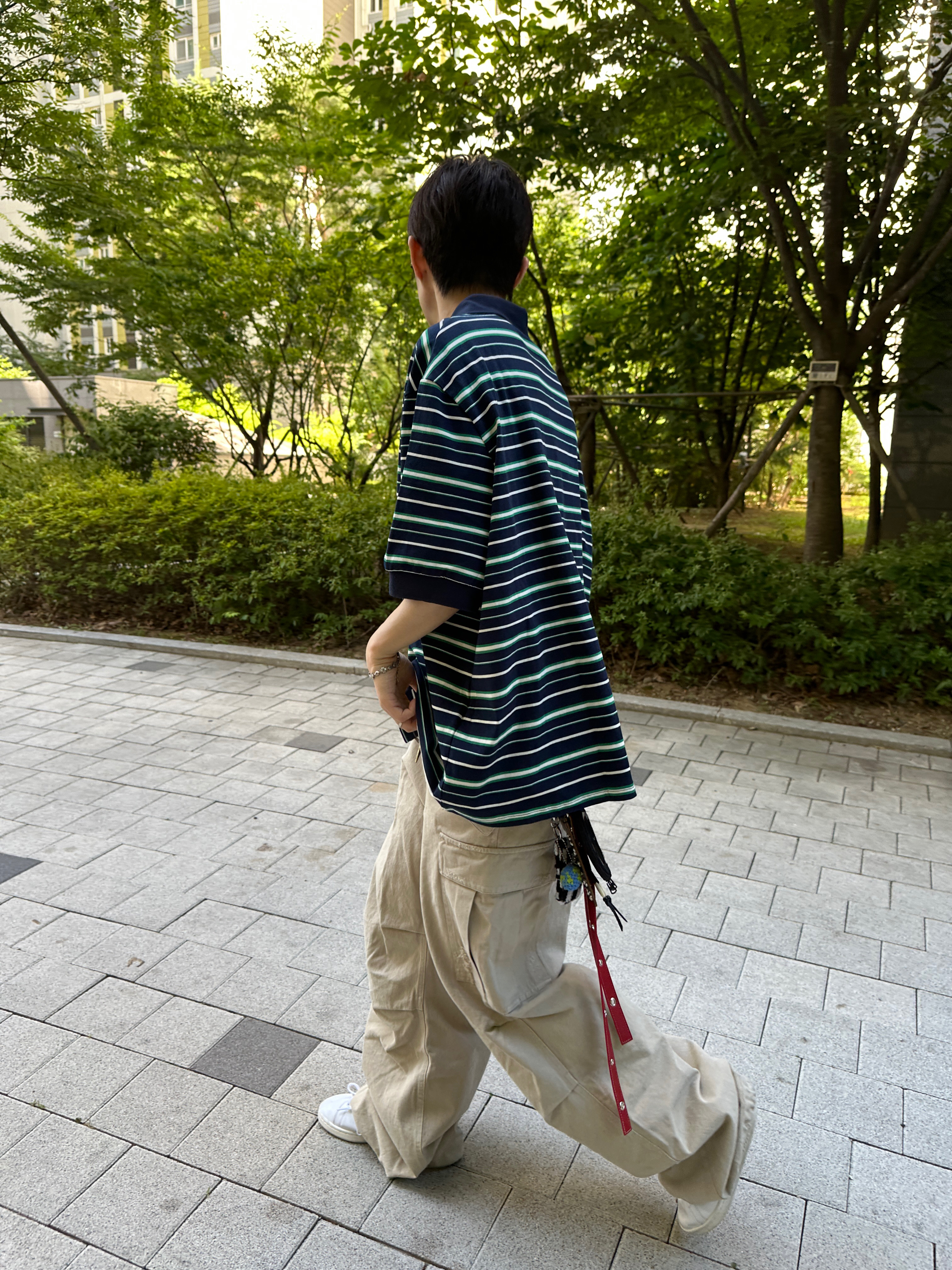 MJD Oversized Stripe Polo Green 착용 스타일 - 3