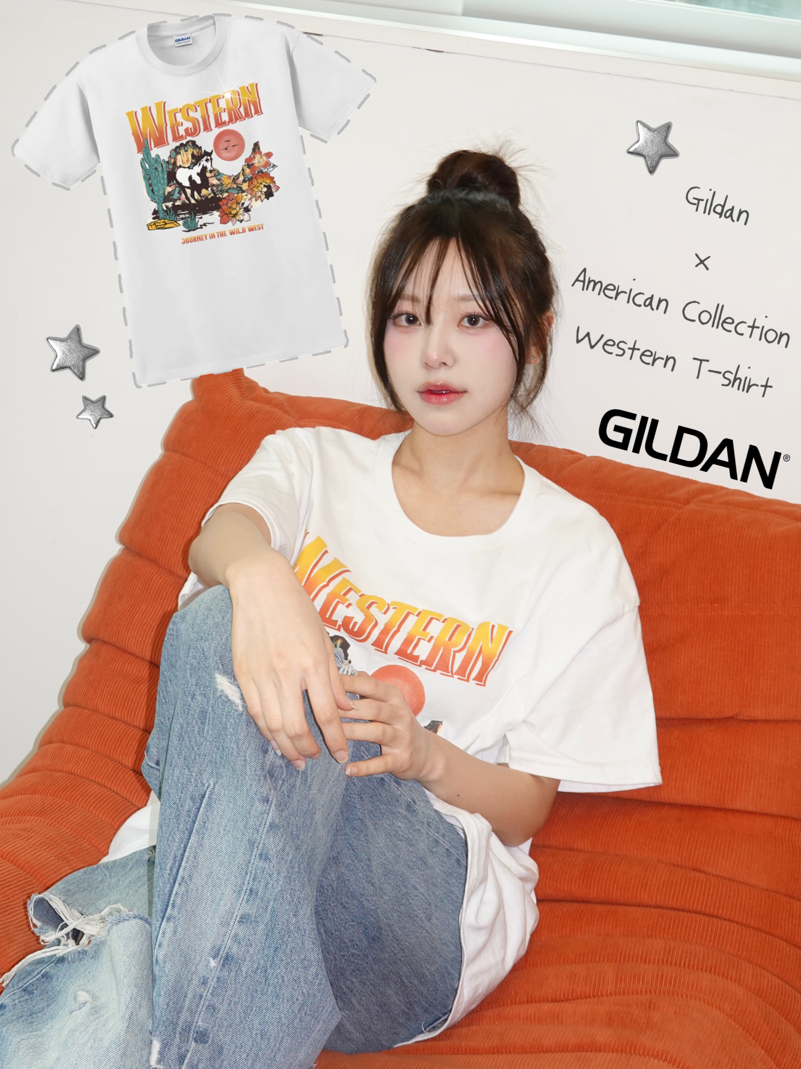 Gildan X American Collection Western T-Shirt White 착용 스타일 - 4