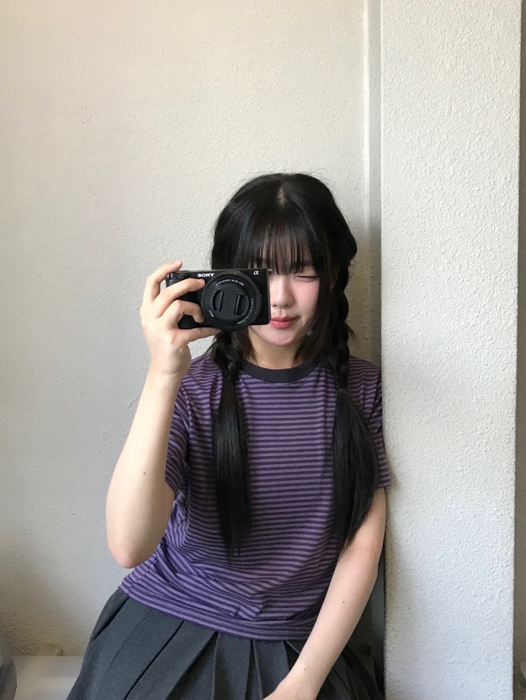 SLOW RECORD HOUSE Stripe Short Sleeve Purple 착용 스타일 - 6