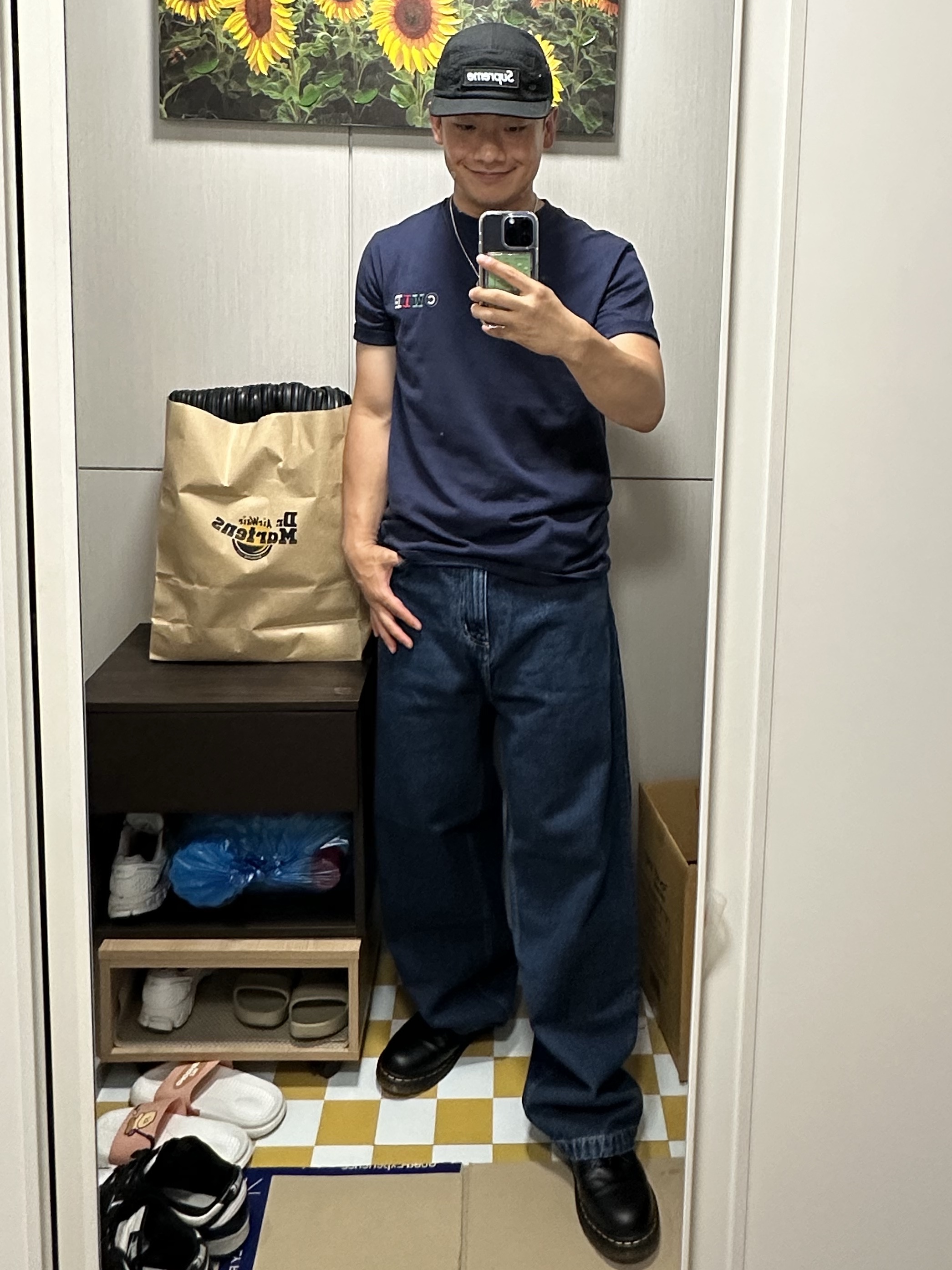 Supreme Military Camp Cap Black - 25SS, Carhartt WIP Brandon Pants Blue Stone Washed 착용 스타일 - 2