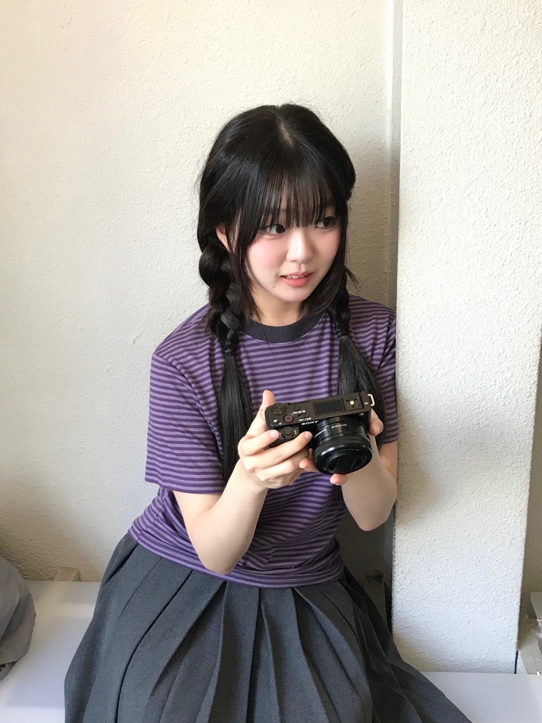 SLOW RECORD HOUSE Stripe Short Sleeve Purple 착용 스타일 - 4