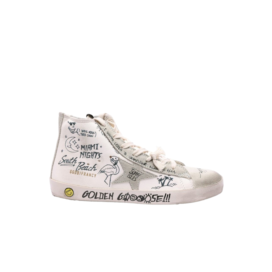 GYF00113-F002669-10220 (Kids) Golden Goose Francy Sneakers with Dove Grey Suede Inserts All-Over Black Lettering