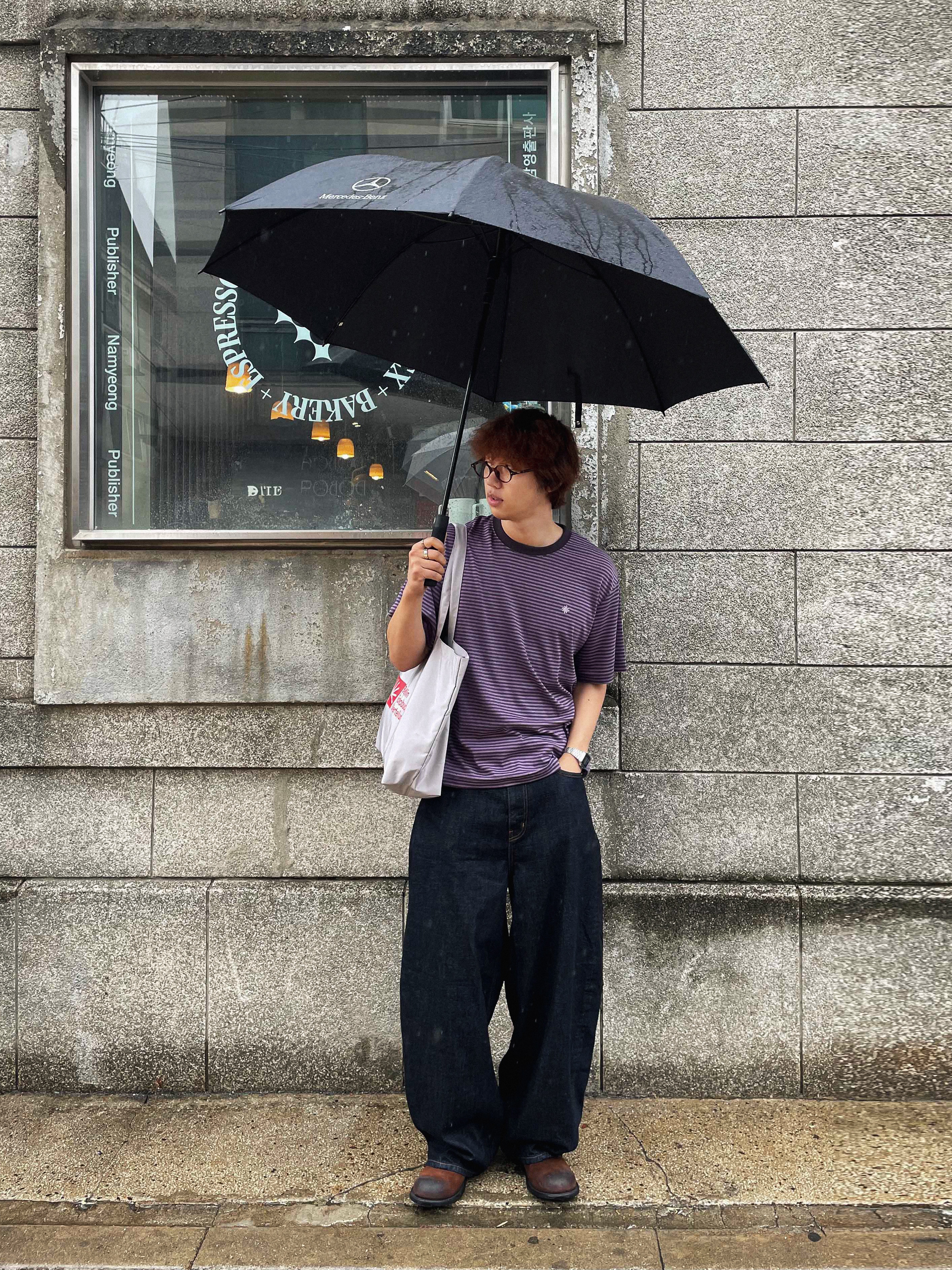 SLOW RECORD HOUSE Stripe Short Sleeve Purple 착용 스타일 - 3