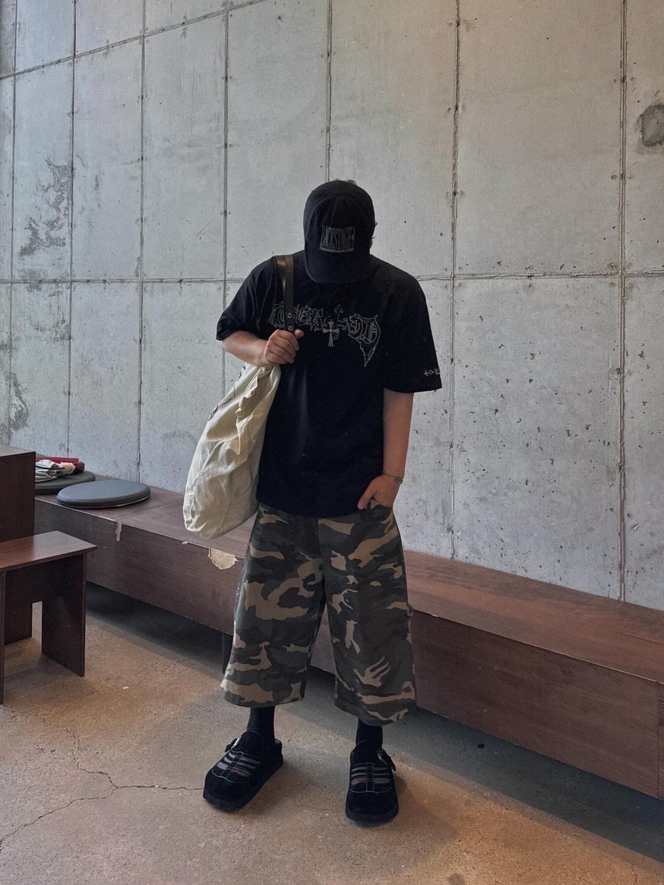SLOW RECORD HOUSE Carpenter Bermuda Wide Camo Pants Vintage Green 착용 스타일