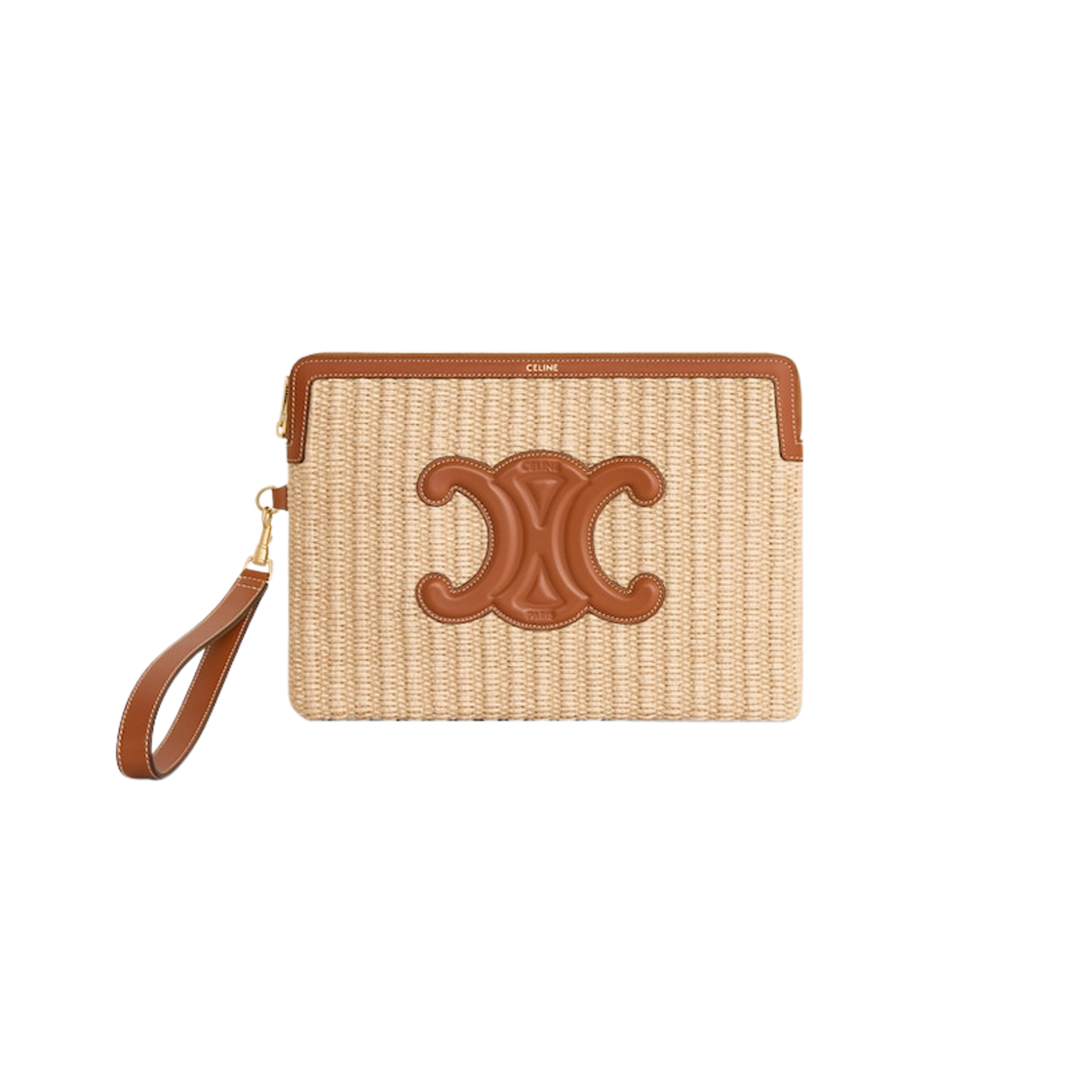 10J502FBV-02NT Celine Triomphe Raffia Calfskin Strap Cuir Small Pouch Natural Tan