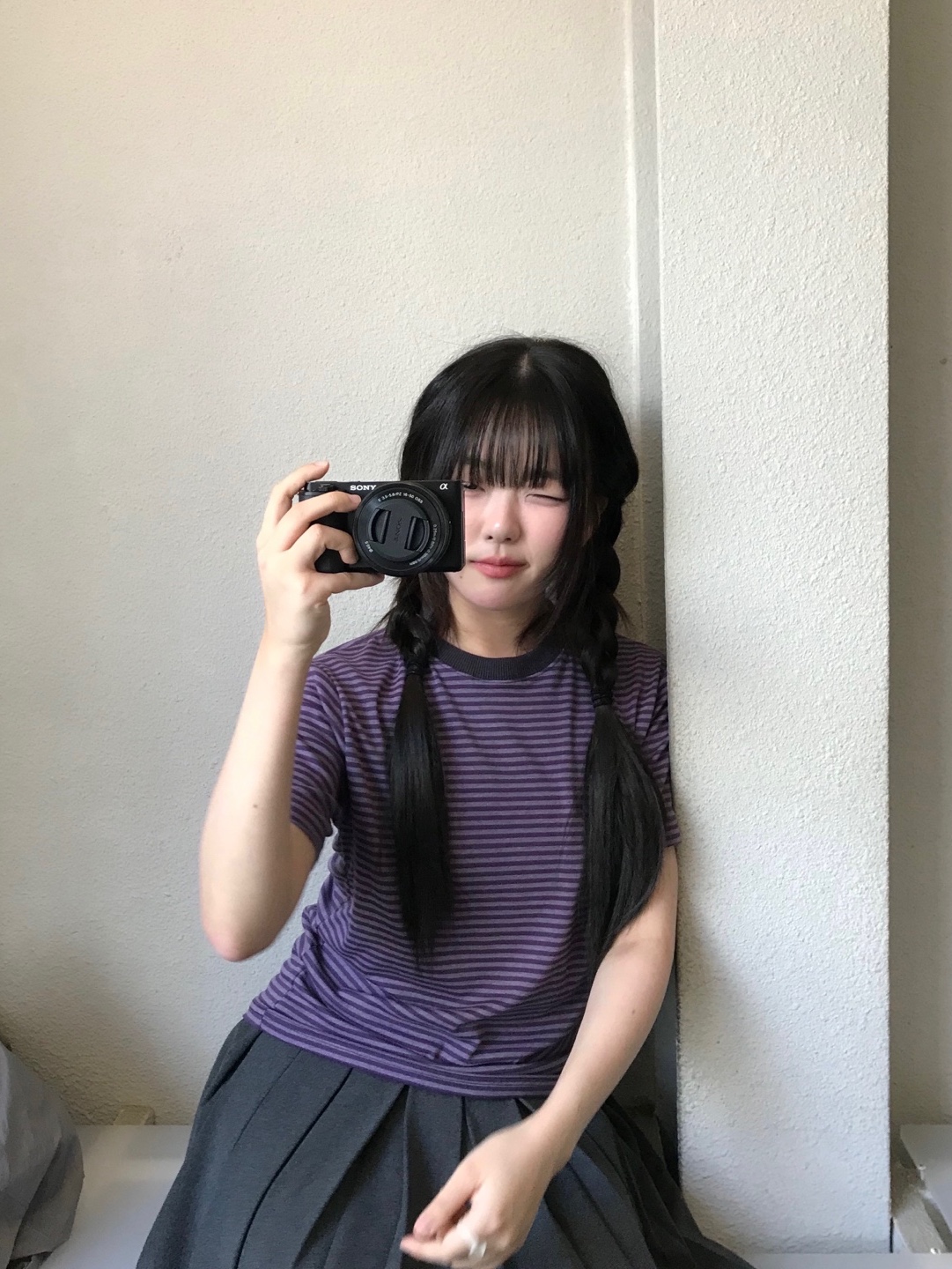 SLOW RECORD HOUSE Stripe Short Sleeve Purple 착용 스타일 - 7