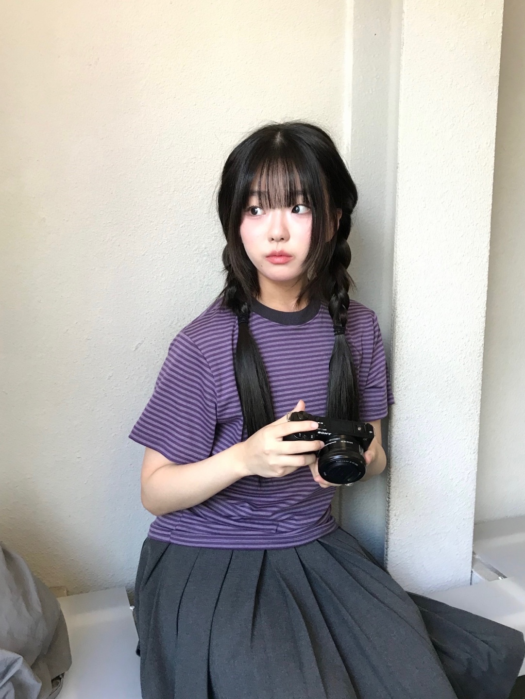 SLOW RECORD HOUSE Stripe Short Sleeve Purple 착용 스타일 - 3