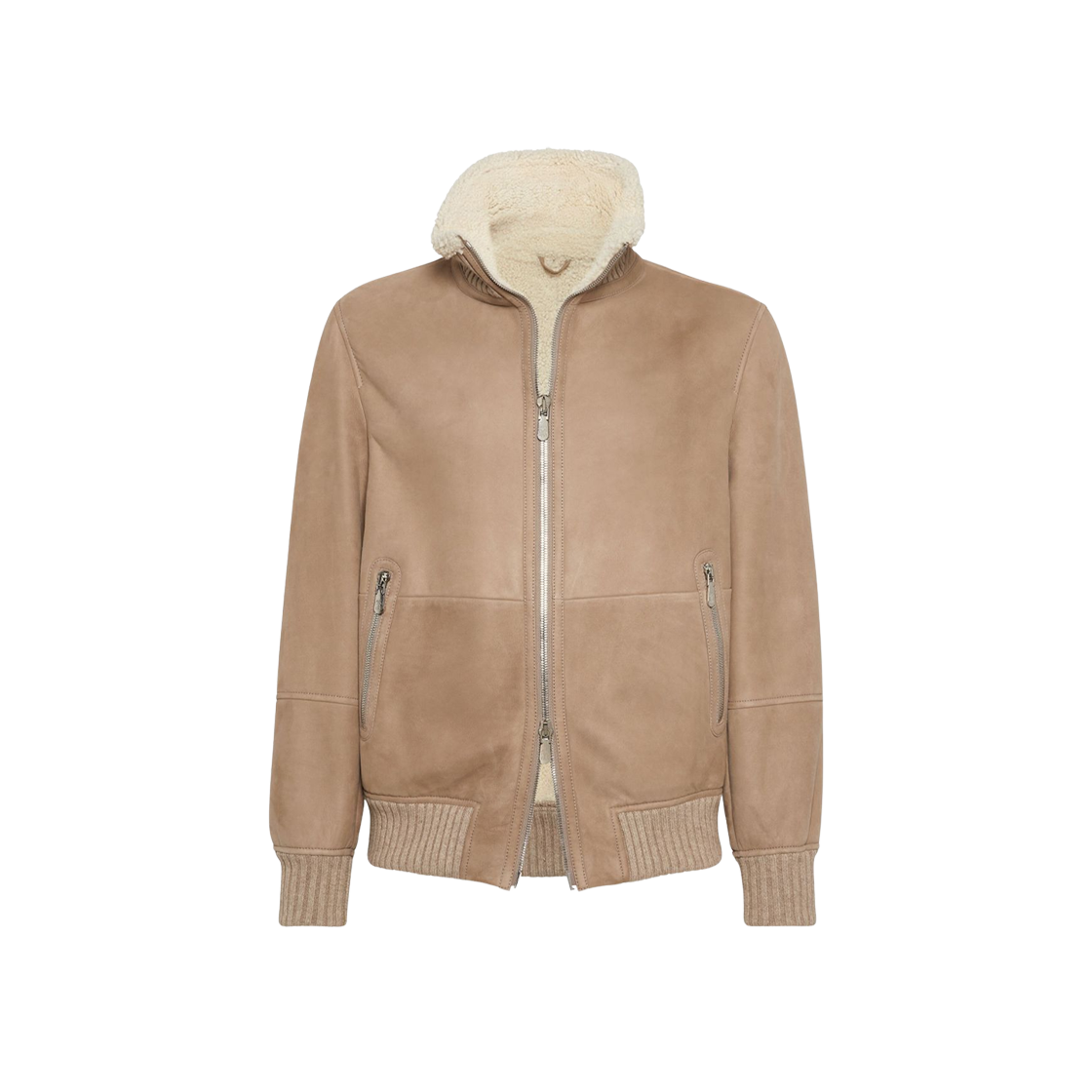 MPMLS1737-C4248 Brunello Cucinelli Suede Curly Shearling Bomber Jacket with Cashmere Knit Collar Hazelnut