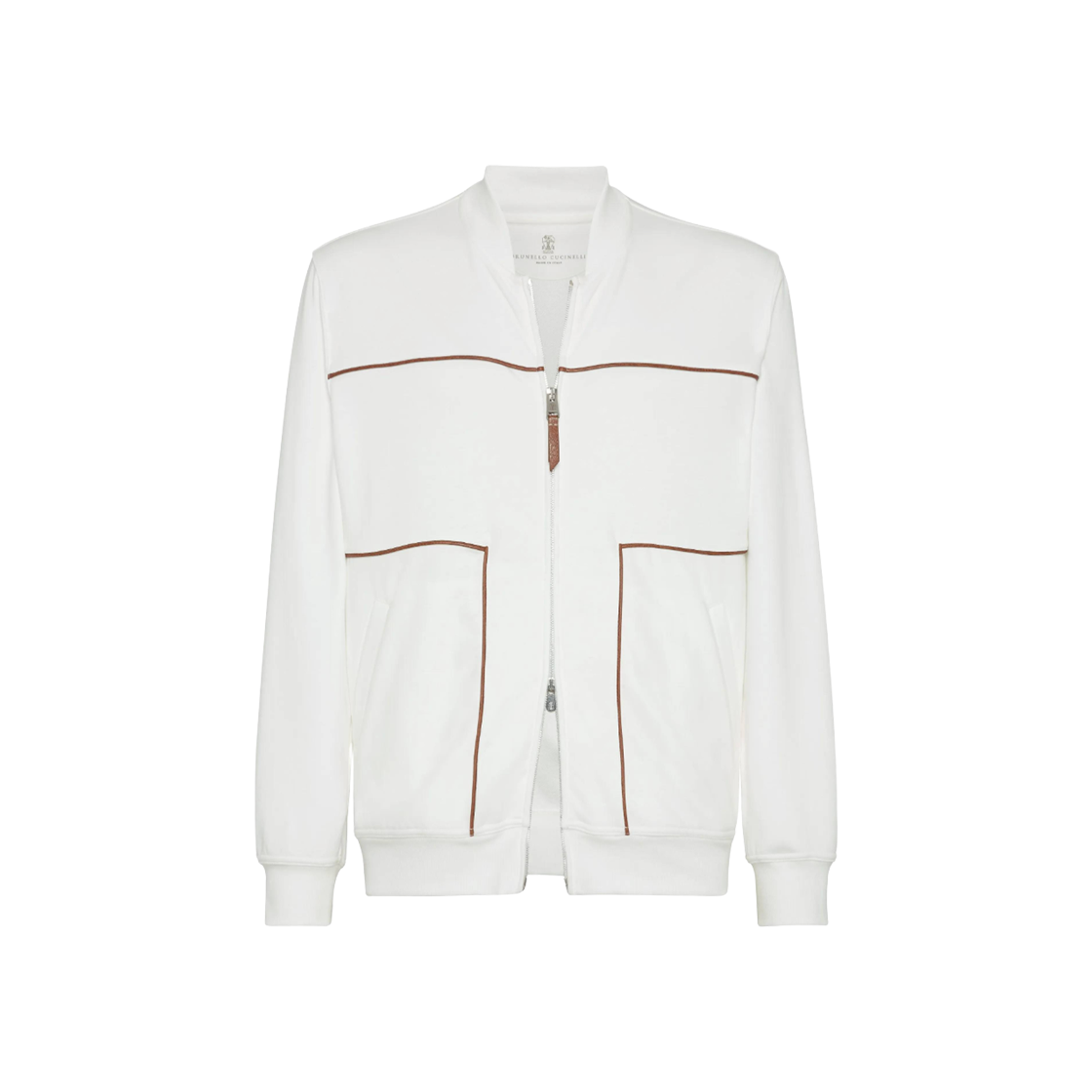 MW8639084G-C7220 Brunello Cucinelli Techno Cotton French Terry Sweatshirt with Zipper and Piping Off White
