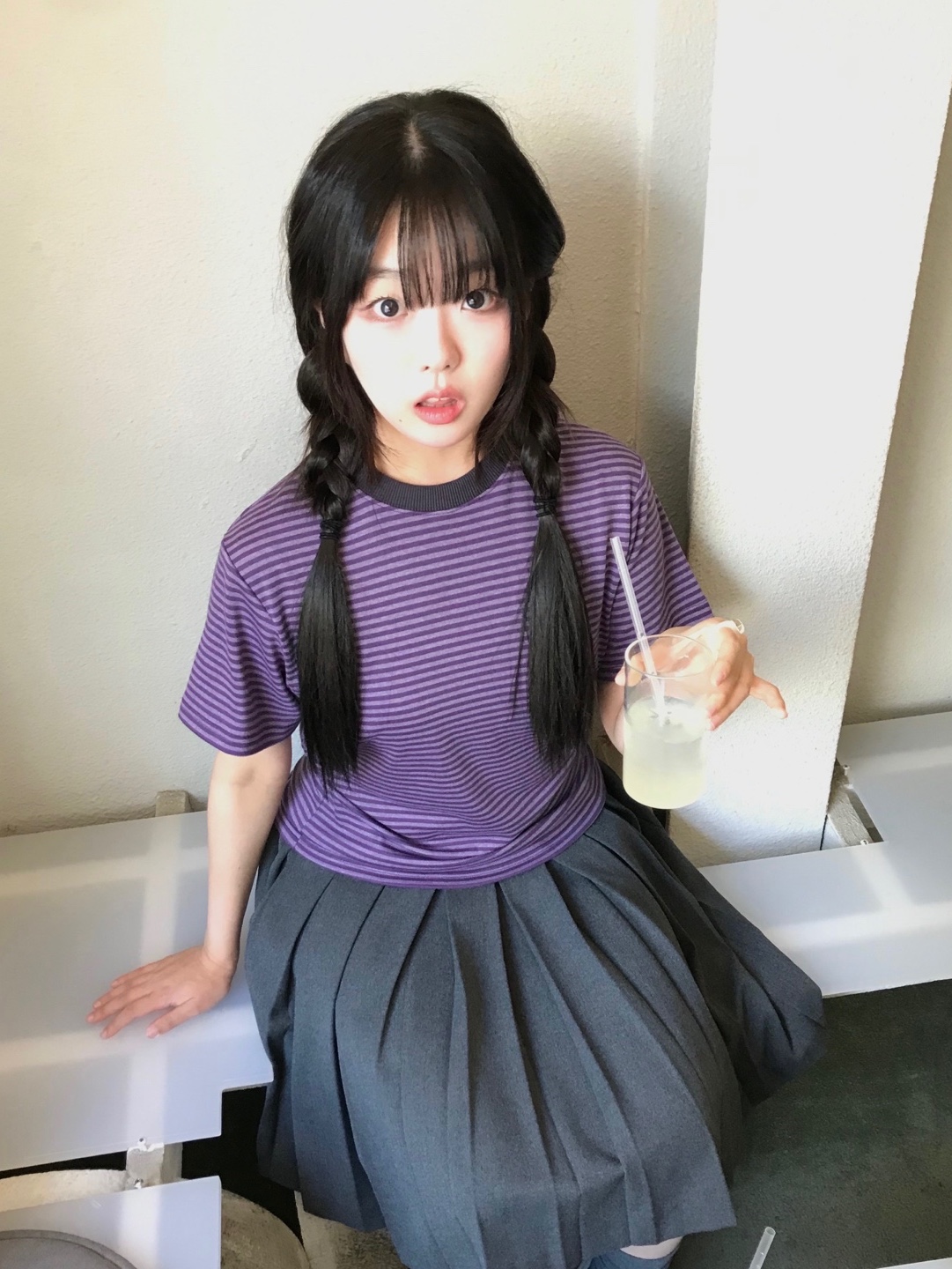 SLOW RECORD HOUSE Stripe Short Sleeve Purple 착용 스타일 - 2
