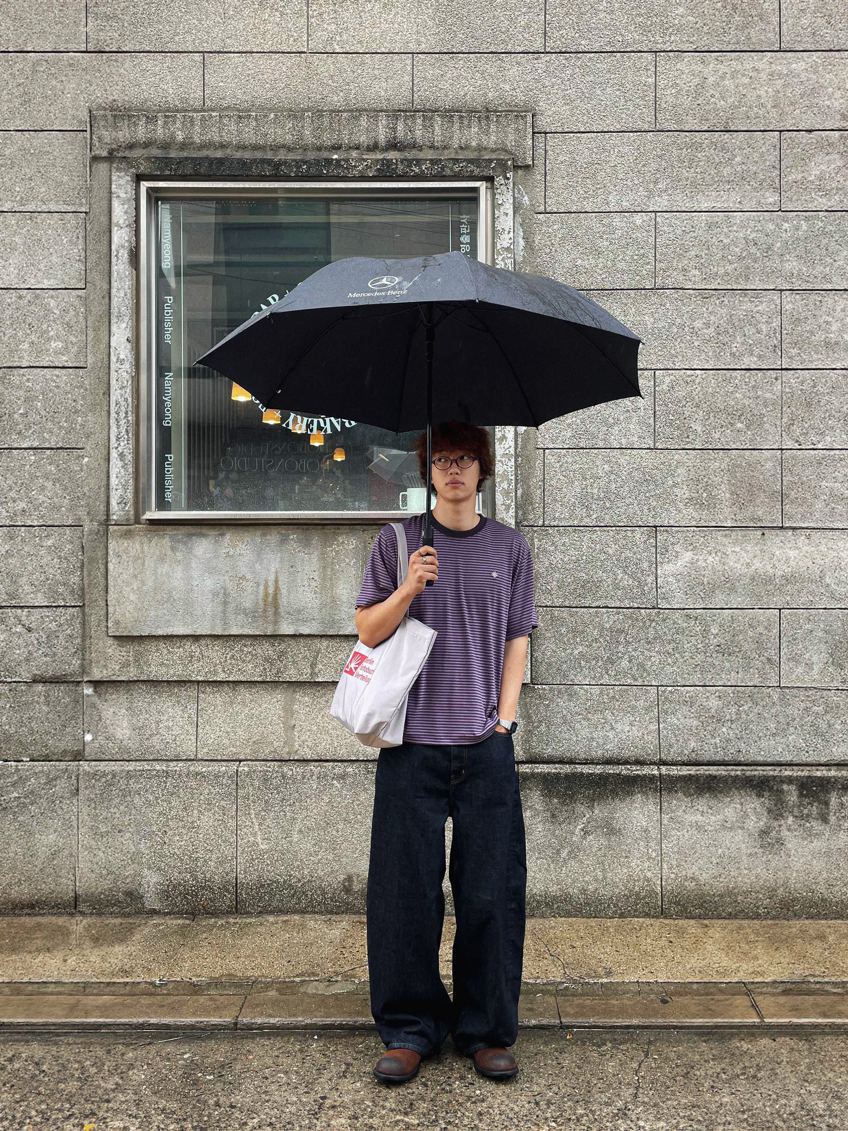 SLOW RECORD HOUSE Stripe Short Sleeve Purple 착용 스타일 - 4