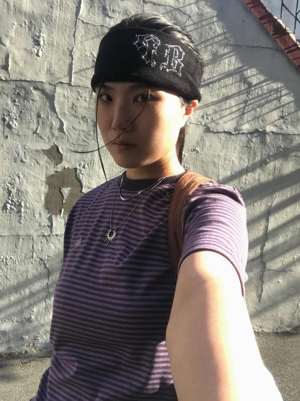 SLOW RECORD HOUSE Stripe Short Sleeve Purple 착용 스타일 - 2