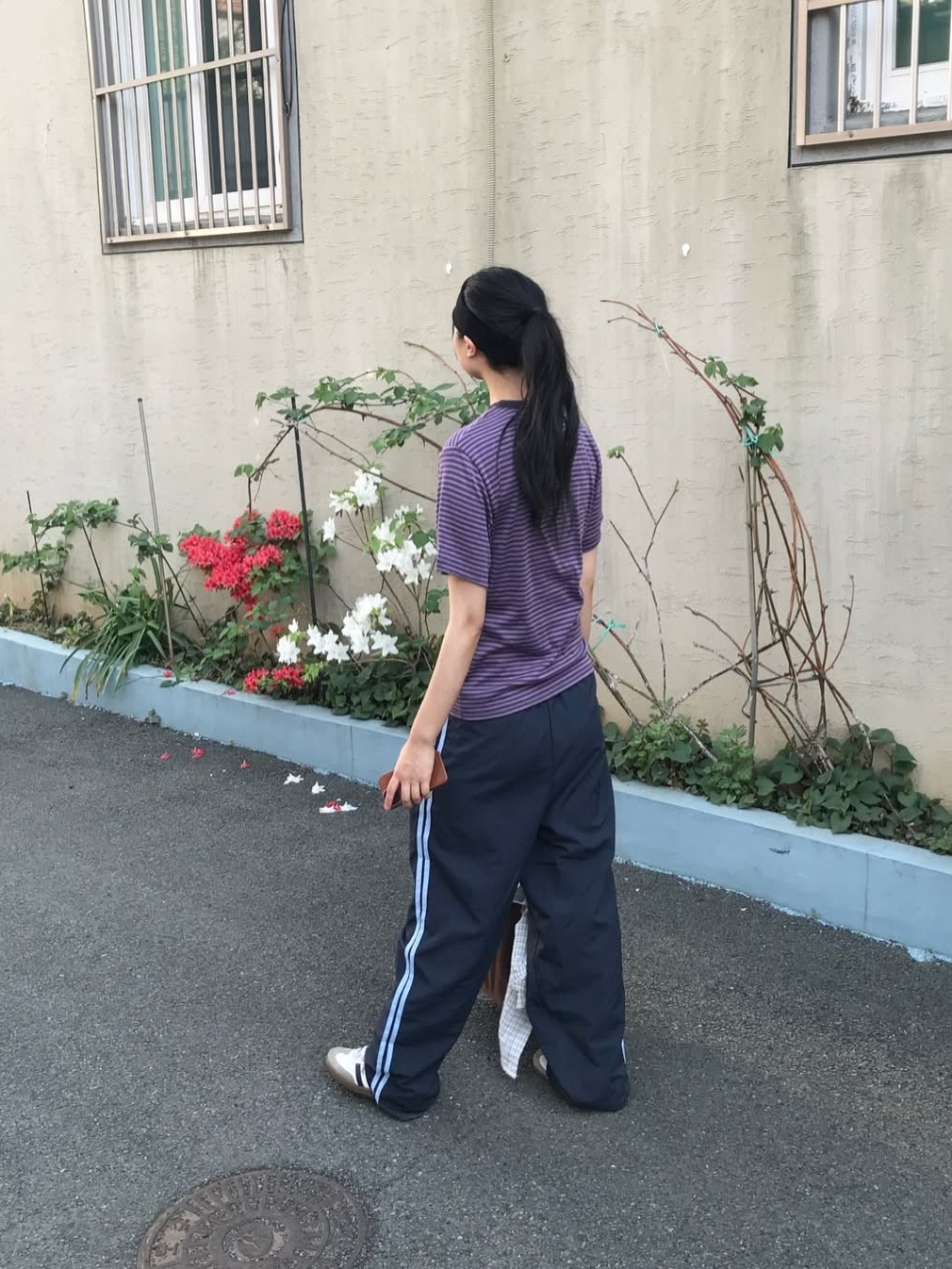 SLOW RECORD HOUSE Stripe Short Sleeve Purple 착용 스타일 - 3