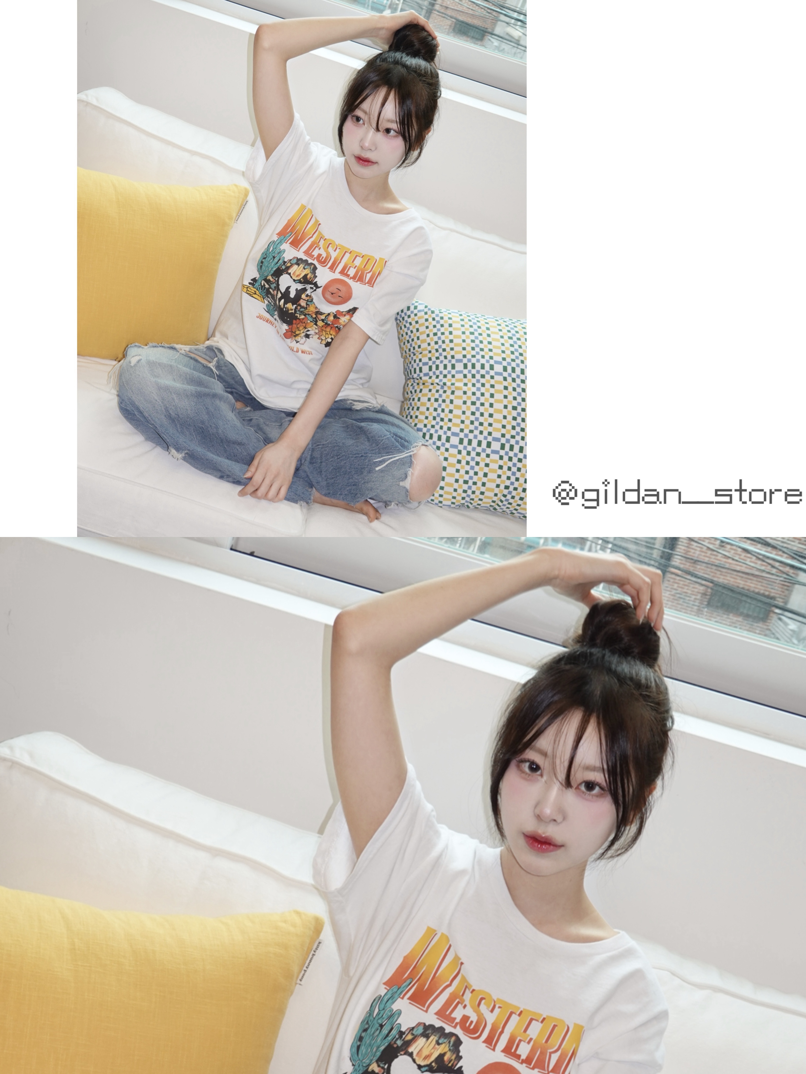 Gildan X American Collection Western T-Shirt White 착용 스타일 - 1