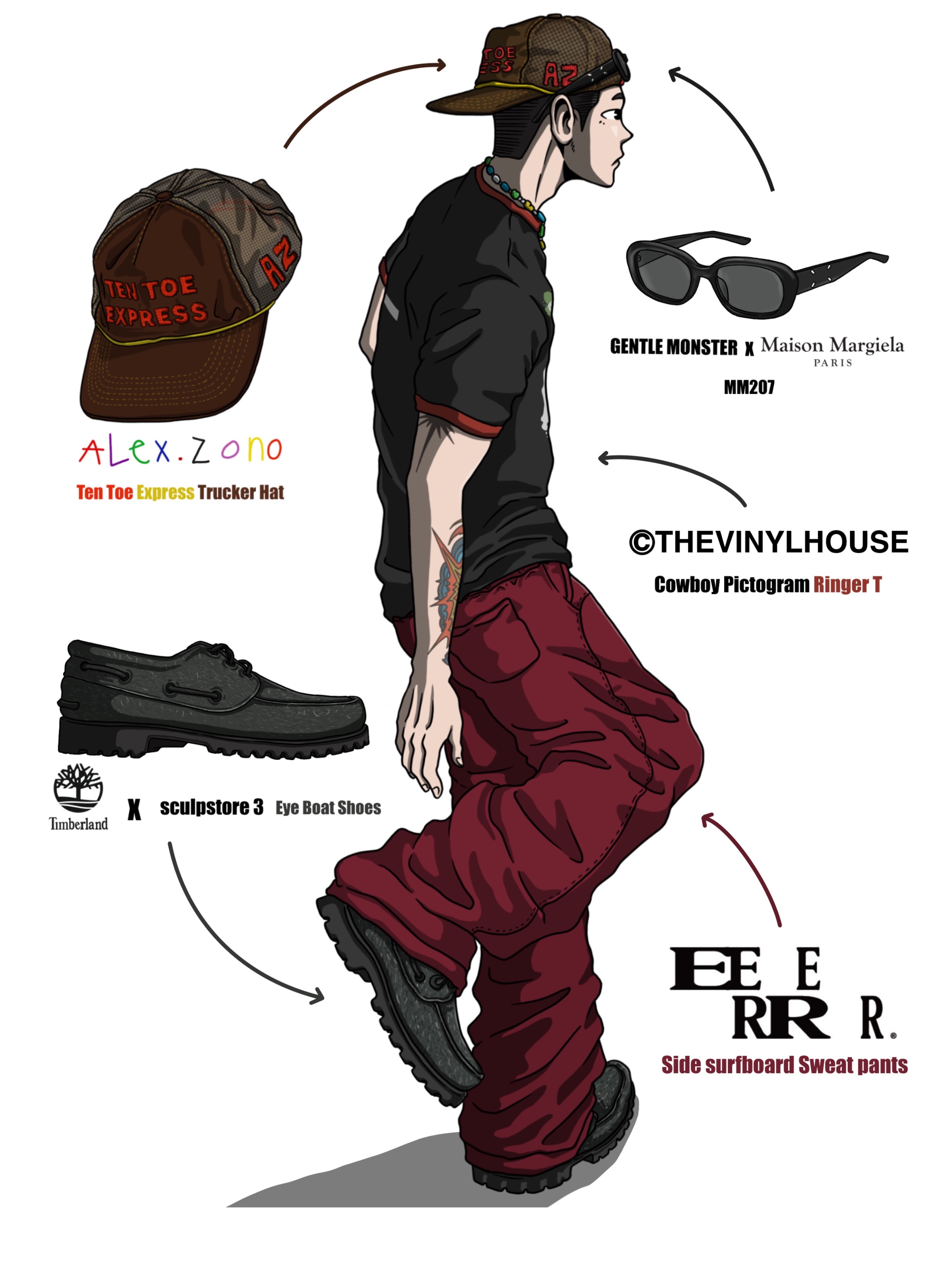 Alex Zono Ten Toe Express Trucker Hat Brown, Gentle Monster x Maison Margiela MM207 Black Gray 착용 스타일