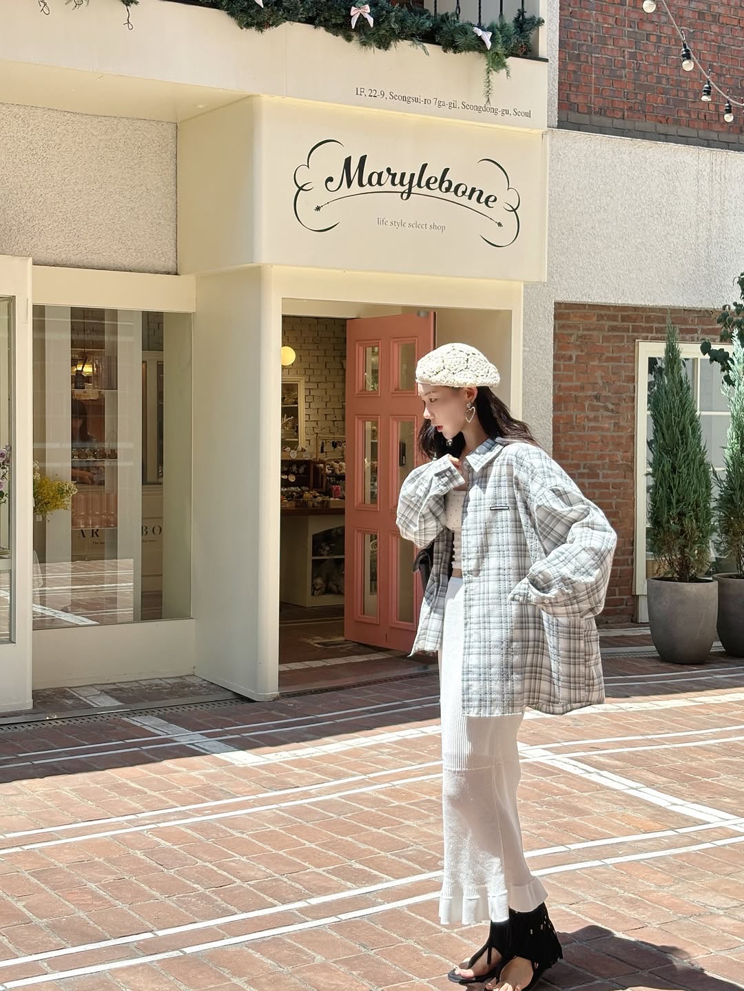 SLOW RECORD HOUSE Seersucker Oversized Check Shirts Black 착용 스타일 - 5