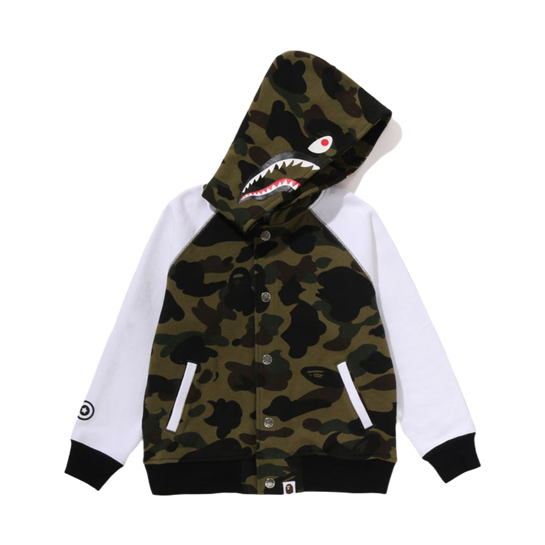 (키즈) 베이프 퍼스트 카모 샤크 후드 스웨트 바시티 자켓 그린((Kids) BAPE 1st Camo Shark Hoodie Sweat Varsity Jacket Green) - 1