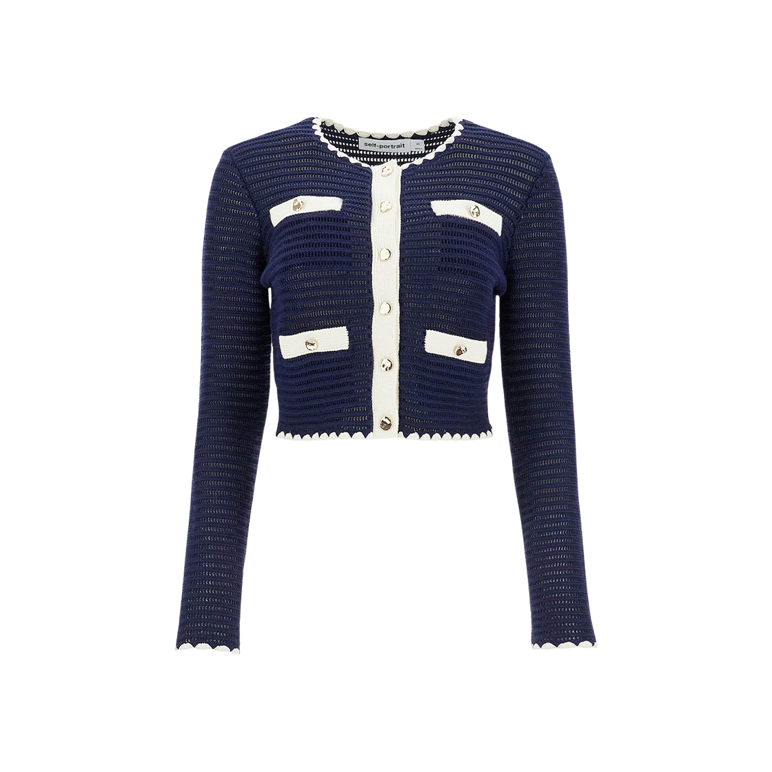 (W) 셀프 포트레이트 크로쉐 콘트라스트 트리밍 가디건 블루((W) Self Portrait Crochet Contrast Trim Cardigan Blue)